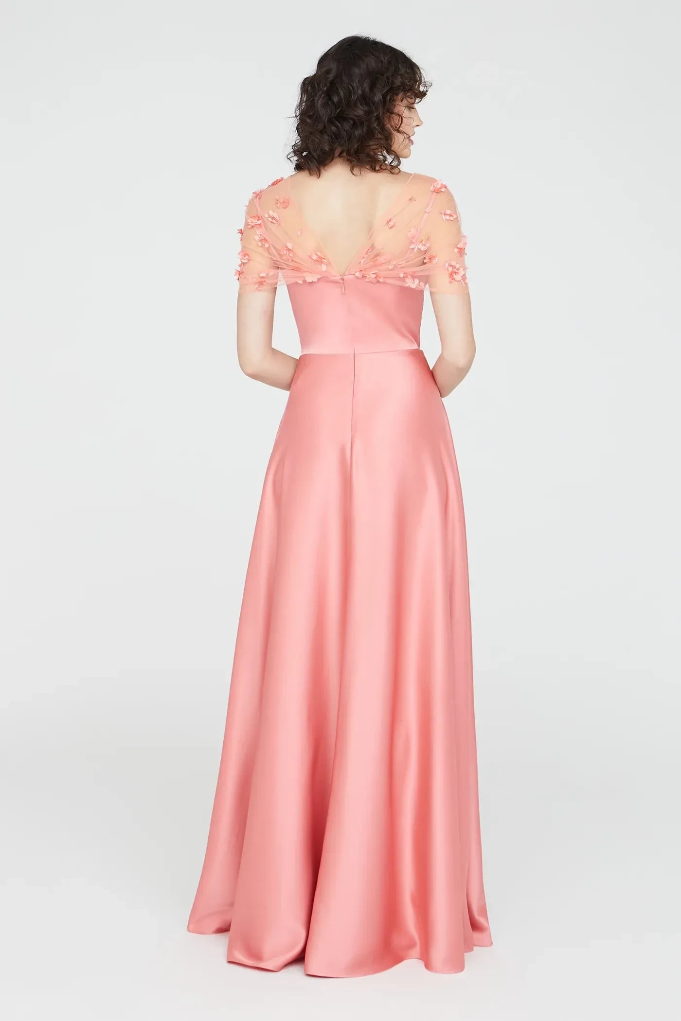 Delicate A Line Illusion Neck Short Sleeve Floral Back Floor Length Prom Dress