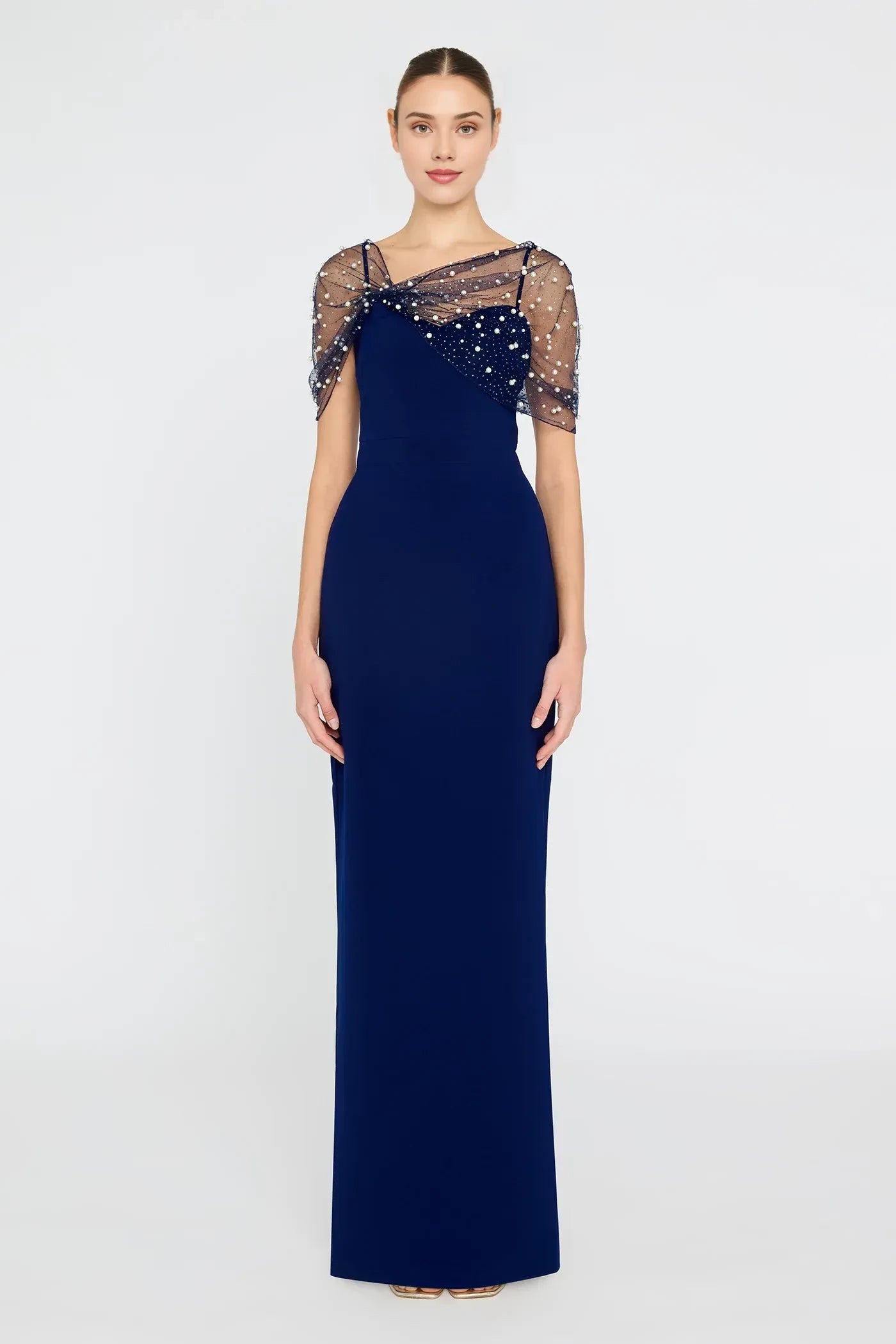 Delicate Sheath Illusion Neck Beaded Sleeve Open Back Floor Length Prom Dress