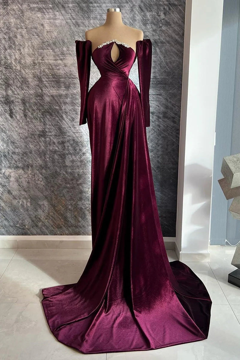 Designer Burgundy Velvet Long Sleeves Prom Dress With TrainGala Dresses Elegant simple gentle atmospheric and unique desi Bring summer colors to enhance whiteness