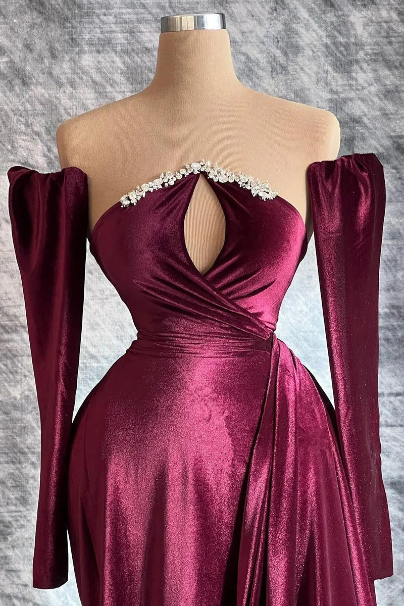 Designer Burgundy Velvet Long Sleeves Prom Dress With TrainGala Dresses Elegant simple gentle atmospheric and unique desi Bring summer colors to enhance whiteness