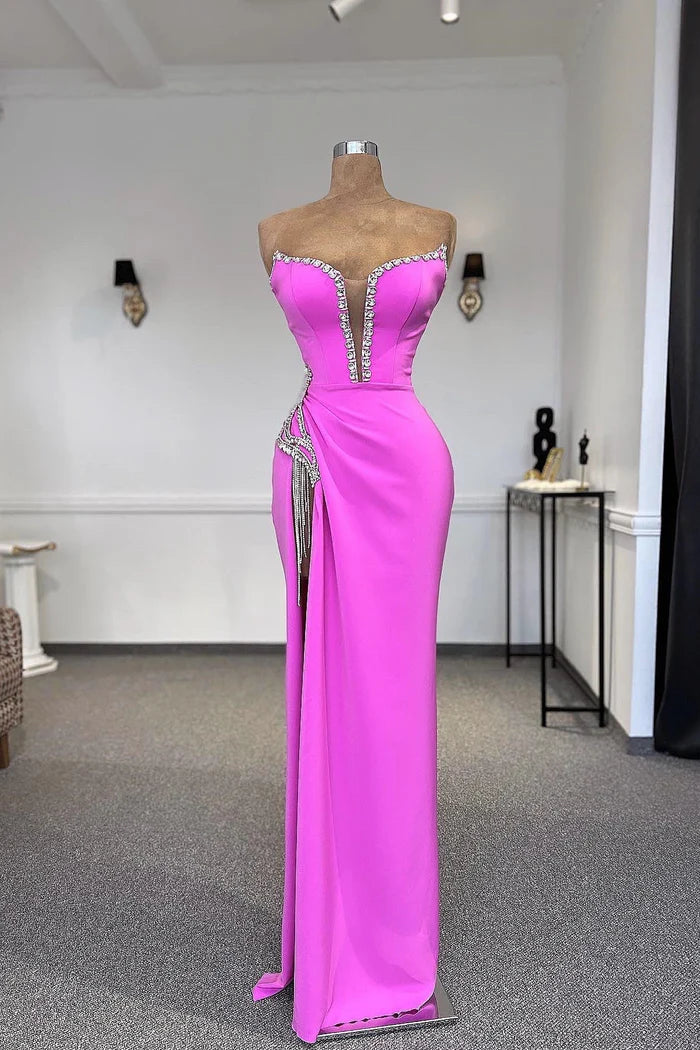 Designer Column Strapless Sleeveless Rhinestone Tulle Satin Split Front Evening Dress Simple gentle atmospheric and unique design
