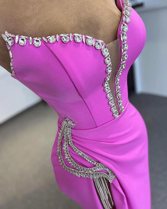 Designer Column Strapless Sleeveless Rhinestone Tulle Satin Split Front Evening Dress Simple gentle atmospheric and unique design