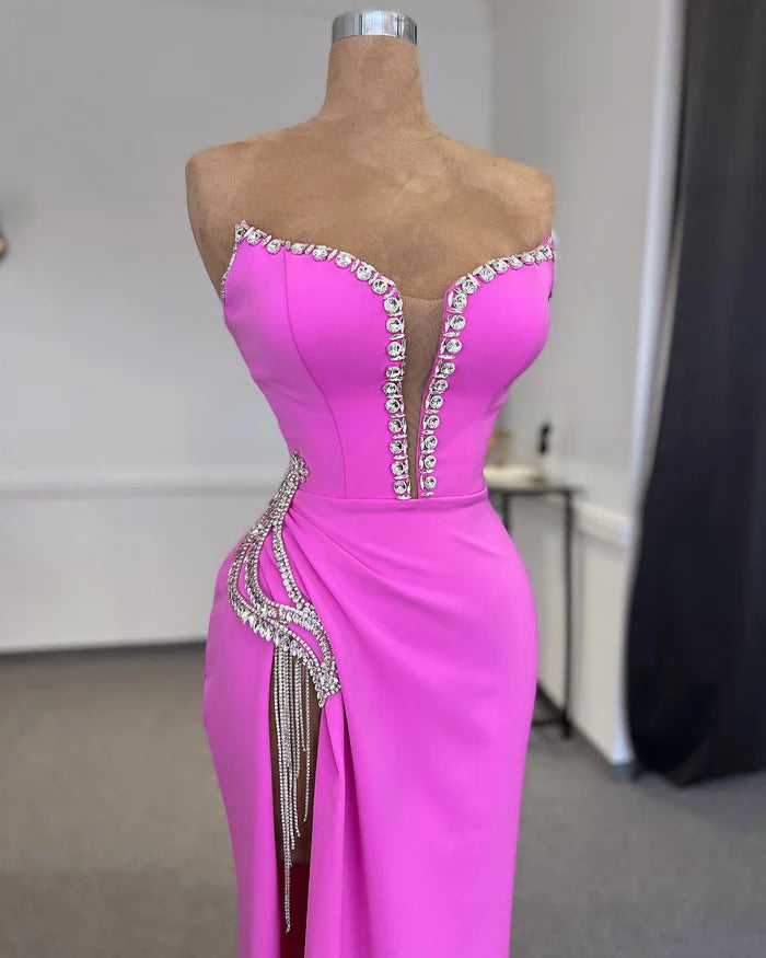Designer Column Strapless Sleeveless Rhinestone Tulle Satin Split Front Evening Dress Simple gentle atmospheric and unique design