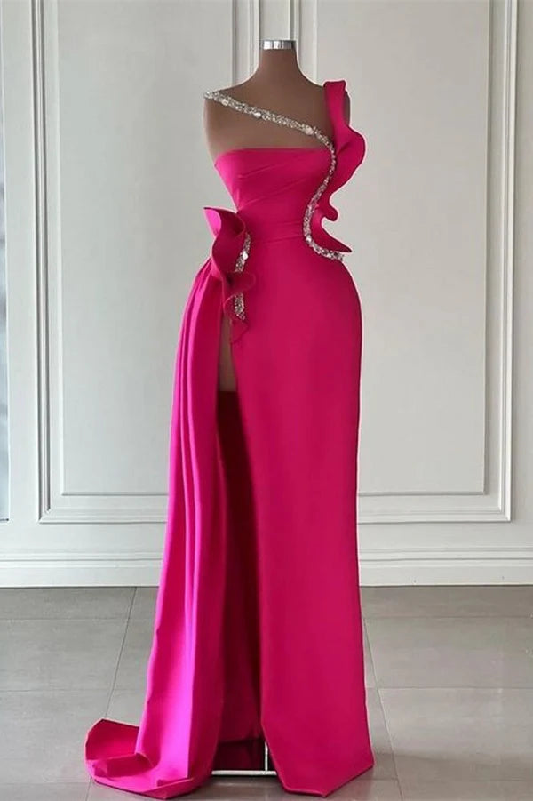Designer Glittering Long Sleeveless Prom Dress with Split Front and Ruffles Simple gentle atmospheric and unique design  ﻿