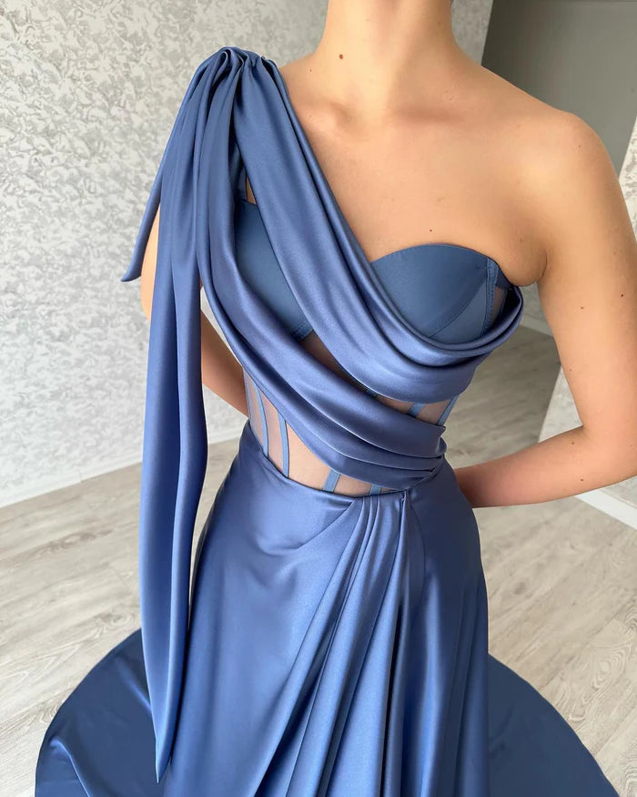 Designer Long Blue A-line Prom Dress with One Shoulder and Sleeveless Style Simple gentle atmospheric and unique design