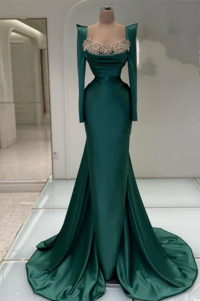 Designer Long Dark Green Beaded Pearls Mermaid Prom Dress with Long Sleeves Simple gentle atmospheric and unique design