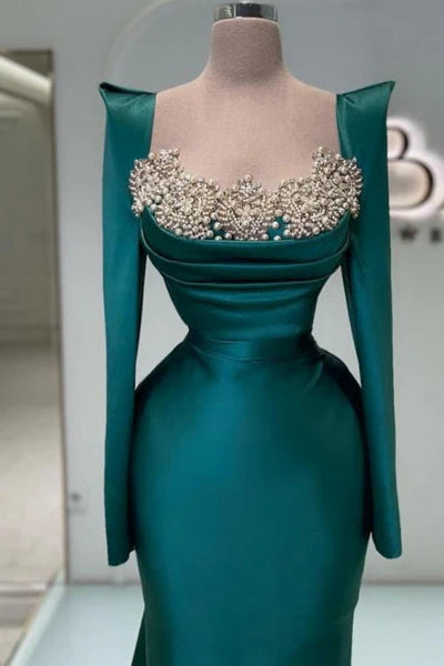 Designer Long Dark Green Beaded Pearls Mermaid Prom Dress with Long Sleeves Simple gentle atmospheric and unique design