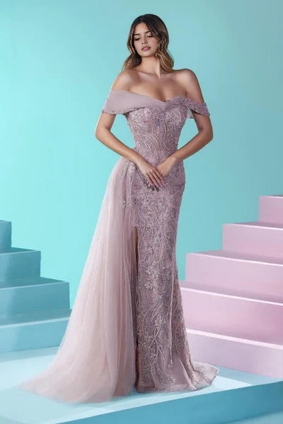 Vintage Long Purple Mermaid Long Sleeve Beaded Prom Gown Simple gentle atmospheric and unique design