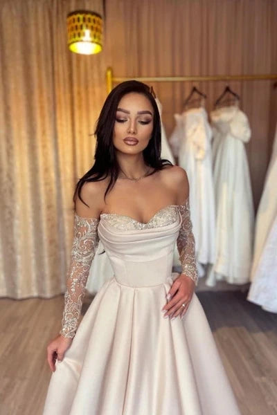 Designer Long Simple A-line Sweetheart Sequined Satin Prom Dress with Elegant Sleeves Simple gentle atmospheric and unique design