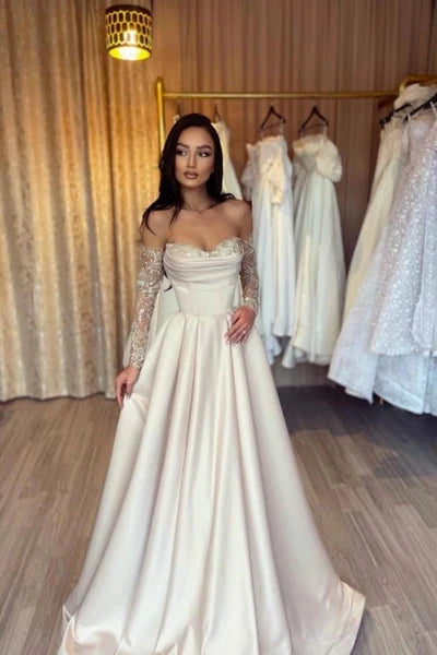 Designer Long Simple A-line Sweetheart Sequined Satin Prom Dress with Elegant Sleeves Simple gentle atmospheric and unique design