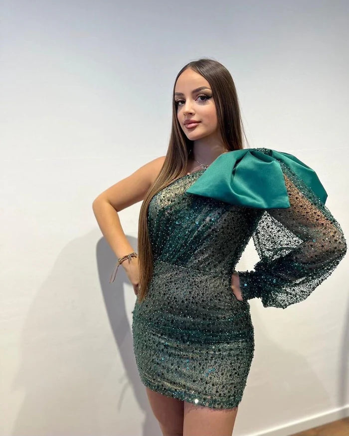 Designer Short One-Shoulder Sequined Long Sleeve Tight Fitting Prom Dress Simple gentle atmospheric and unique design