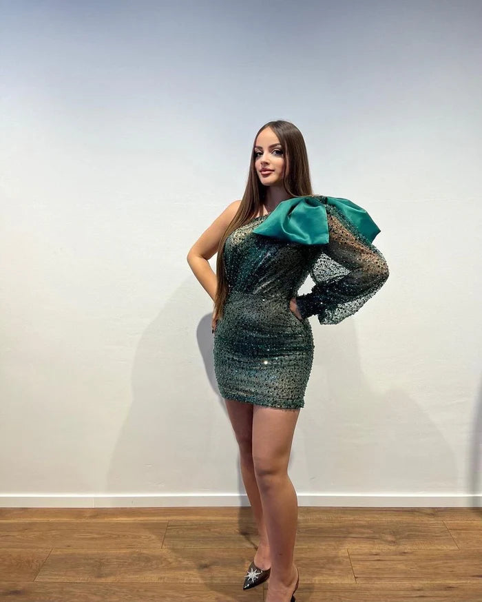 Designer Short One-Shoulder Sequined Long Sleeve Tight Fitting Prom Dress Simple gentle atmospheric and unique design