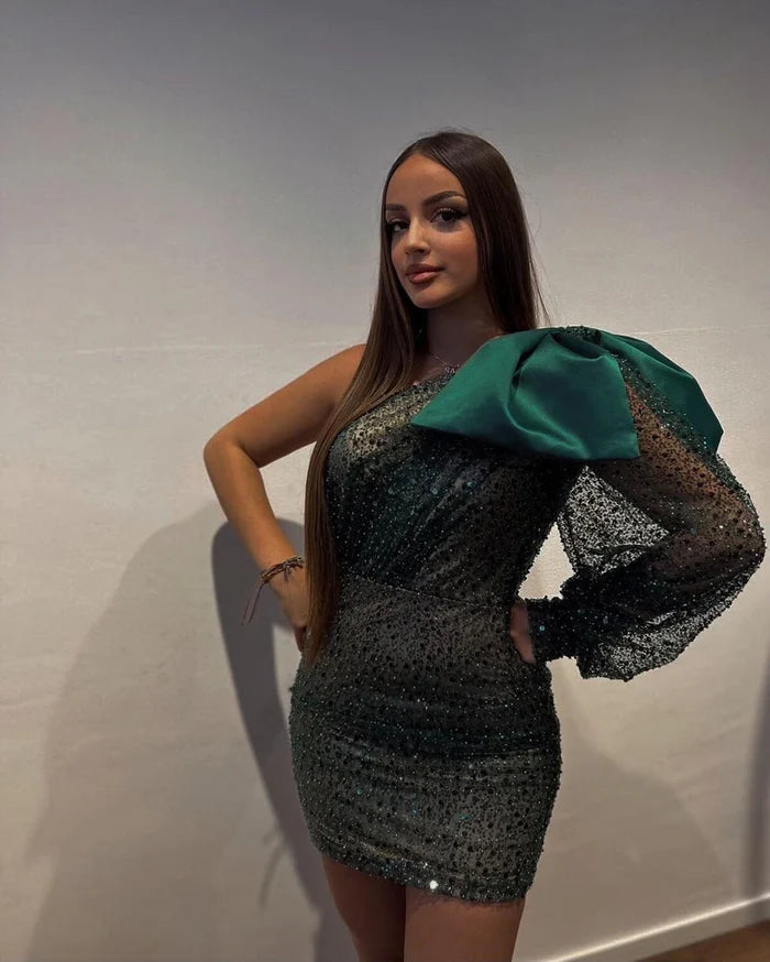 Designer Short One-Shoulder Sequined Long Sleeve Tight Fitting Prom Dress Simple gentle atmospheric and unique design