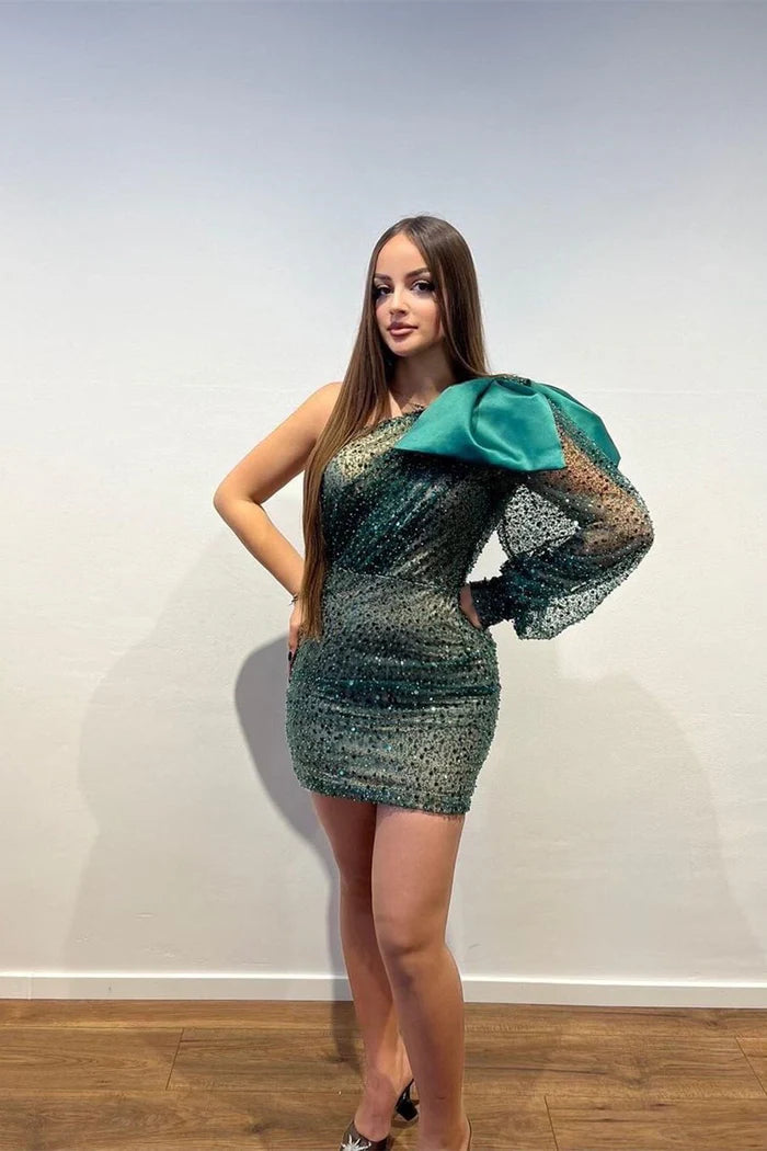 Designer Short One-Shoulder Sequined Long Sleeve Tight Fitting Prom Dress Simple gentle atmospheric and unique design