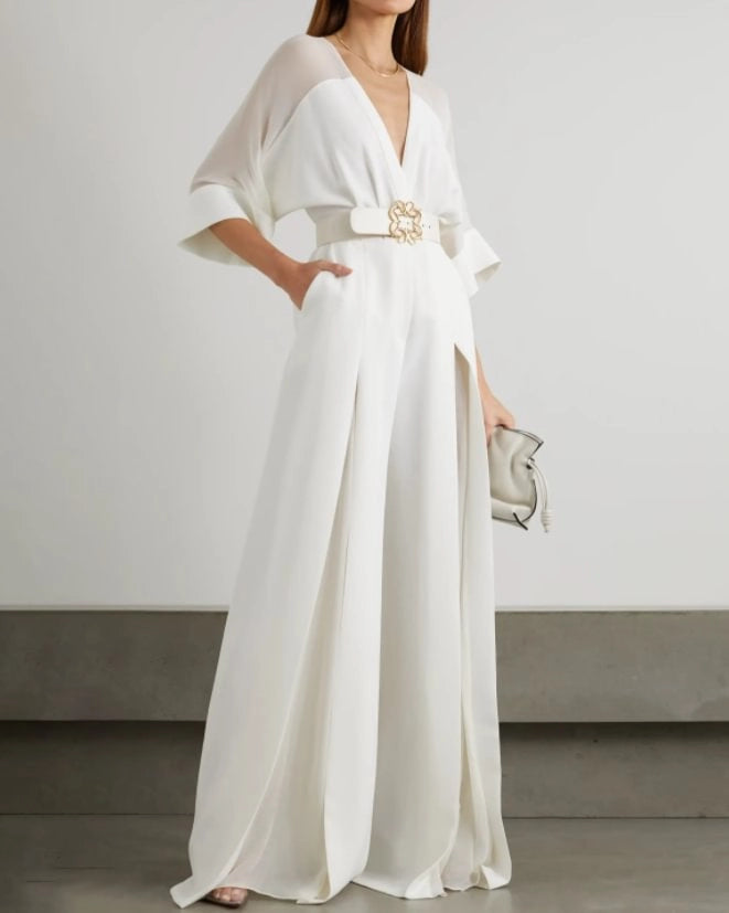 Doll Sleeve Solid Slit Jumpsuit simple gentle atmospheric and unique desi Bring summer colors to enhance whiteness