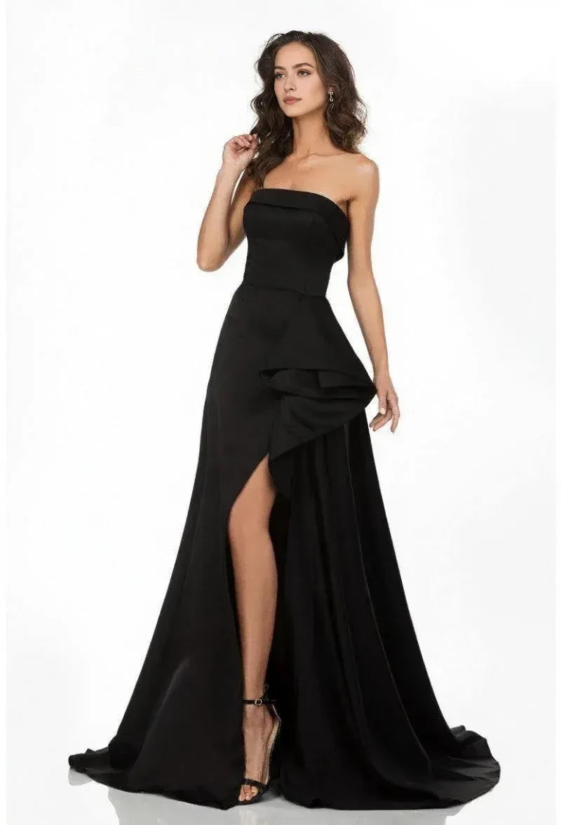 Dramatic A-Line Strapless Sleeveless Open Back Train Floor Length Prom Dress
