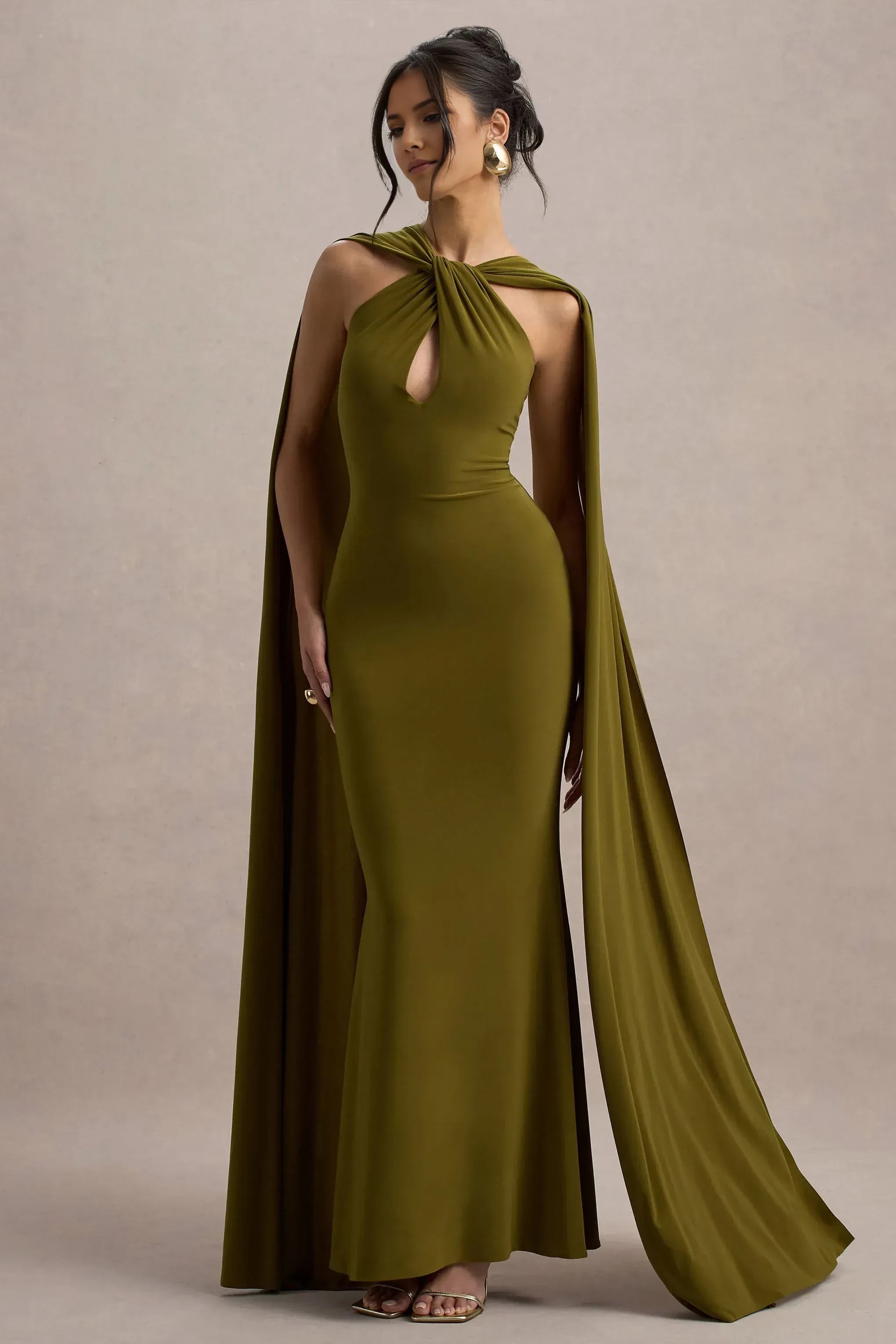 Dramatic Mermaid Knot Neck Cape Sleeve Open Back Floor Length Prom Dress