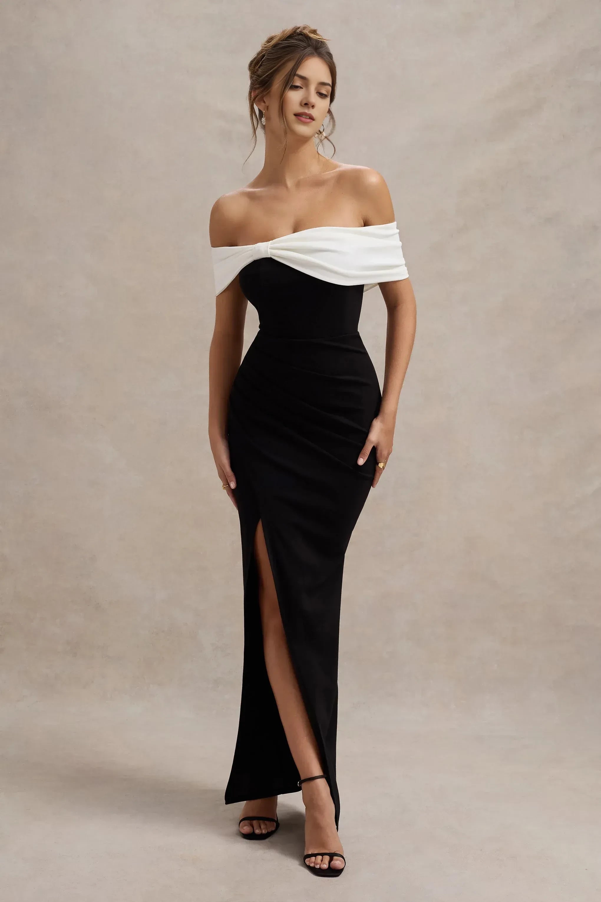 Dramatic Mermaid Off Shoulder Knot Accent Sleeveless High Slit Floor Length Prom Dress