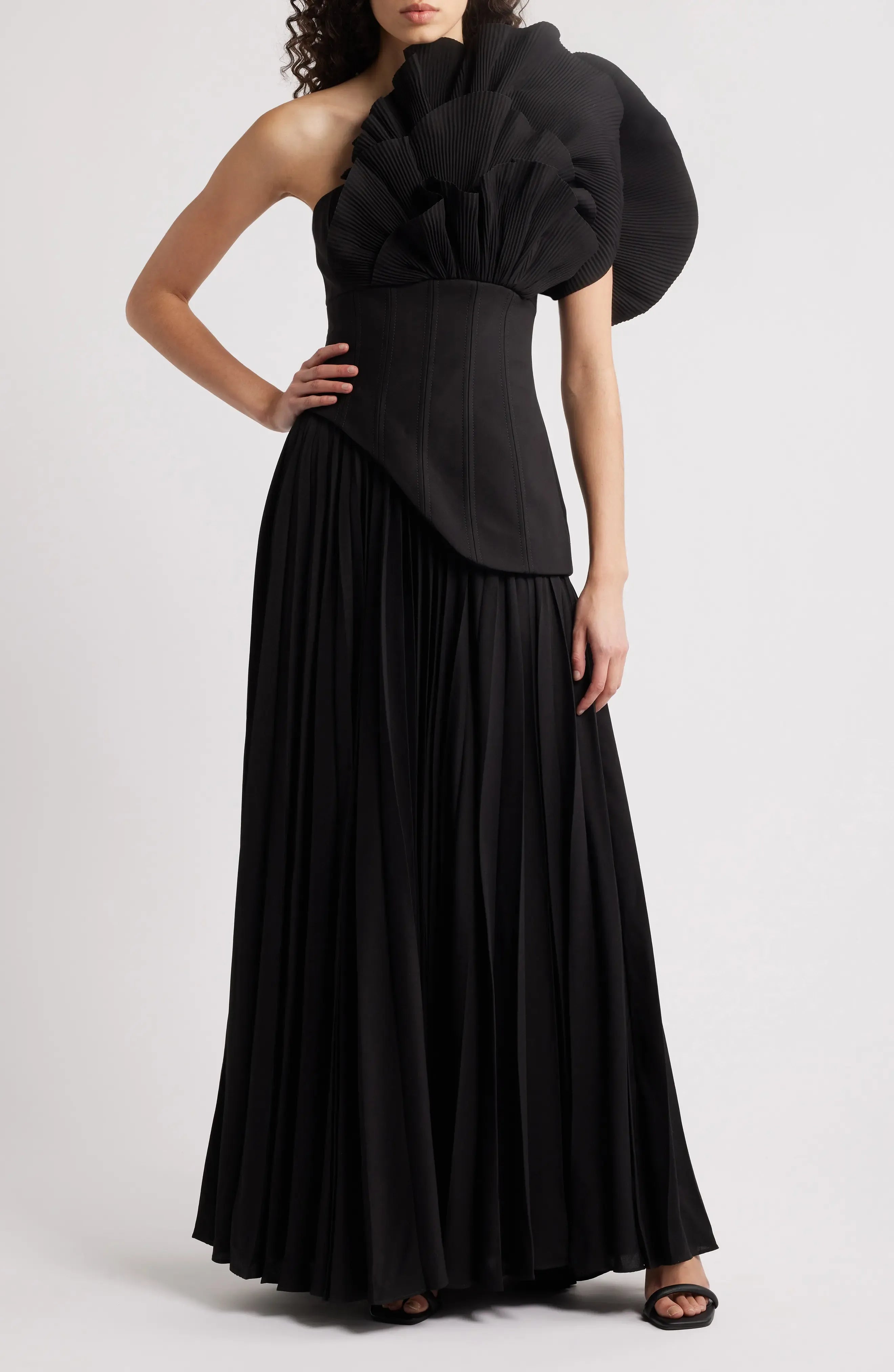 Dramatic Pleated One Shoulder Asymmetrical Open Back Floor Length For Ladies Evening Dress