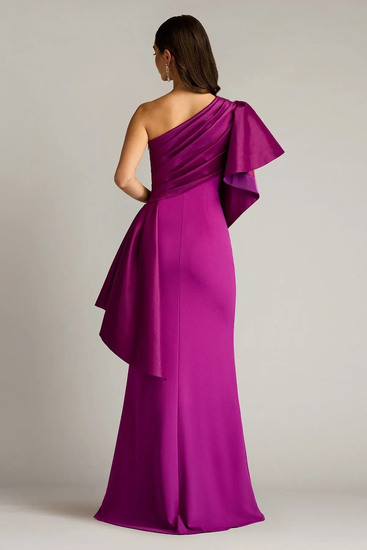 Dramatic Sheath One Shoulder Ruffled Sleeve Ruched Back Floor Length Prom Dress