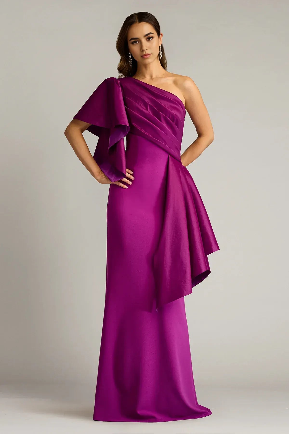 Dramatic Sheath One Shoulder Ruffled Sleeve Ruched Back Floor Length Prom Dress