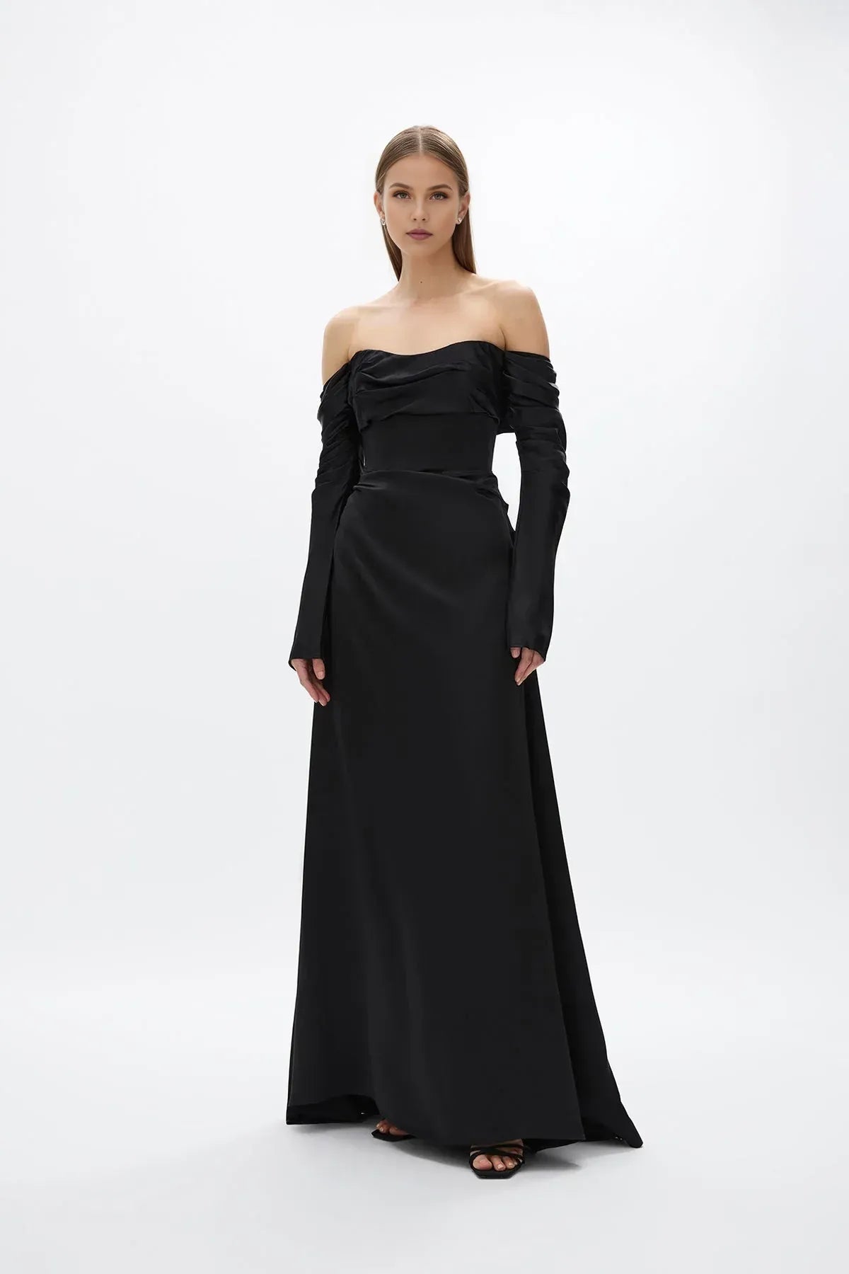 Draped A Line Off the Shoulder Long Sleeve Zipper Back Train Floor Length Hot sale Prom Dress