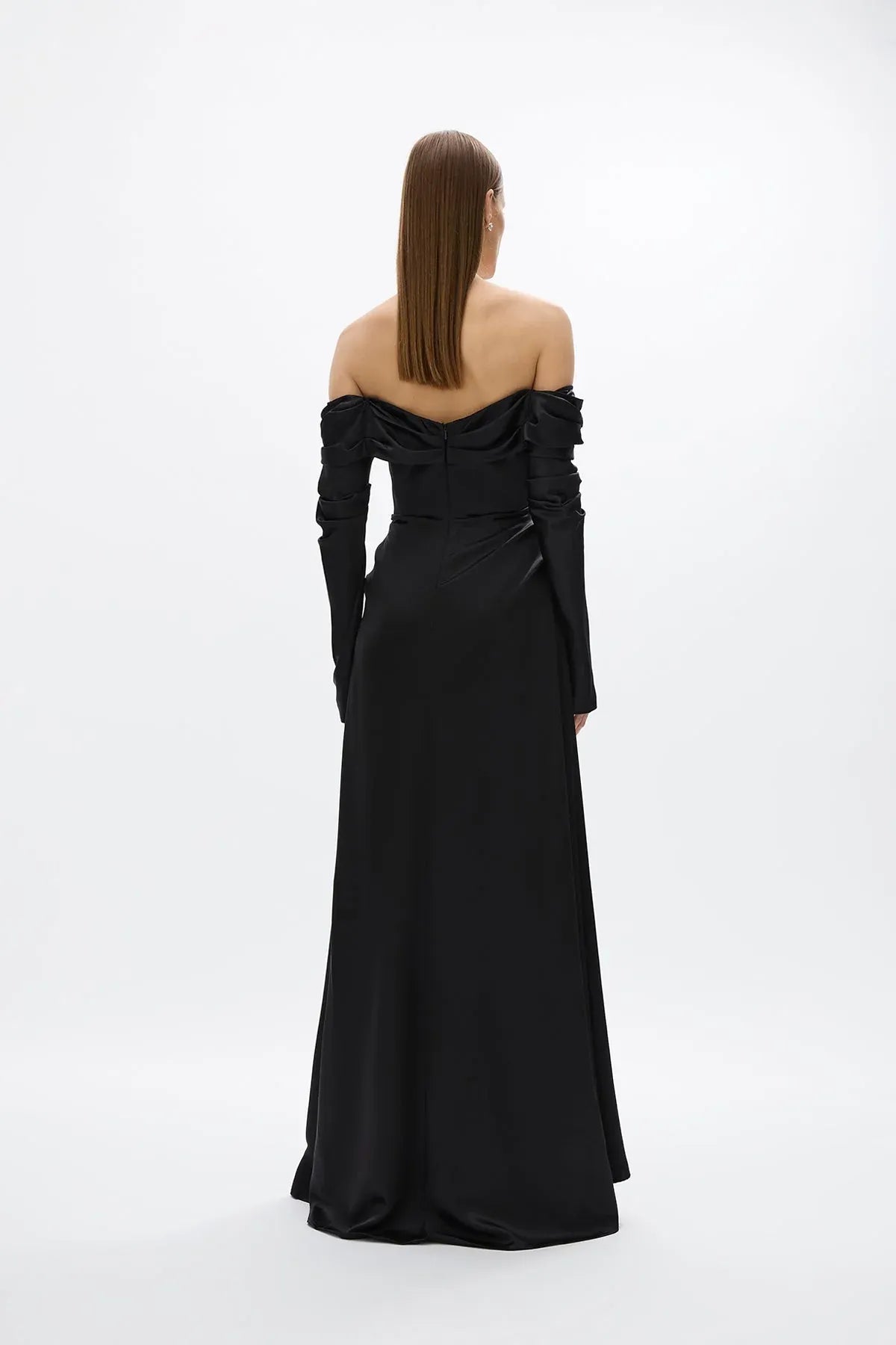 Draped A Line Off the Shoulder Long Sleeve Zipper Back Train Floor Length Hot sale Prom Dress