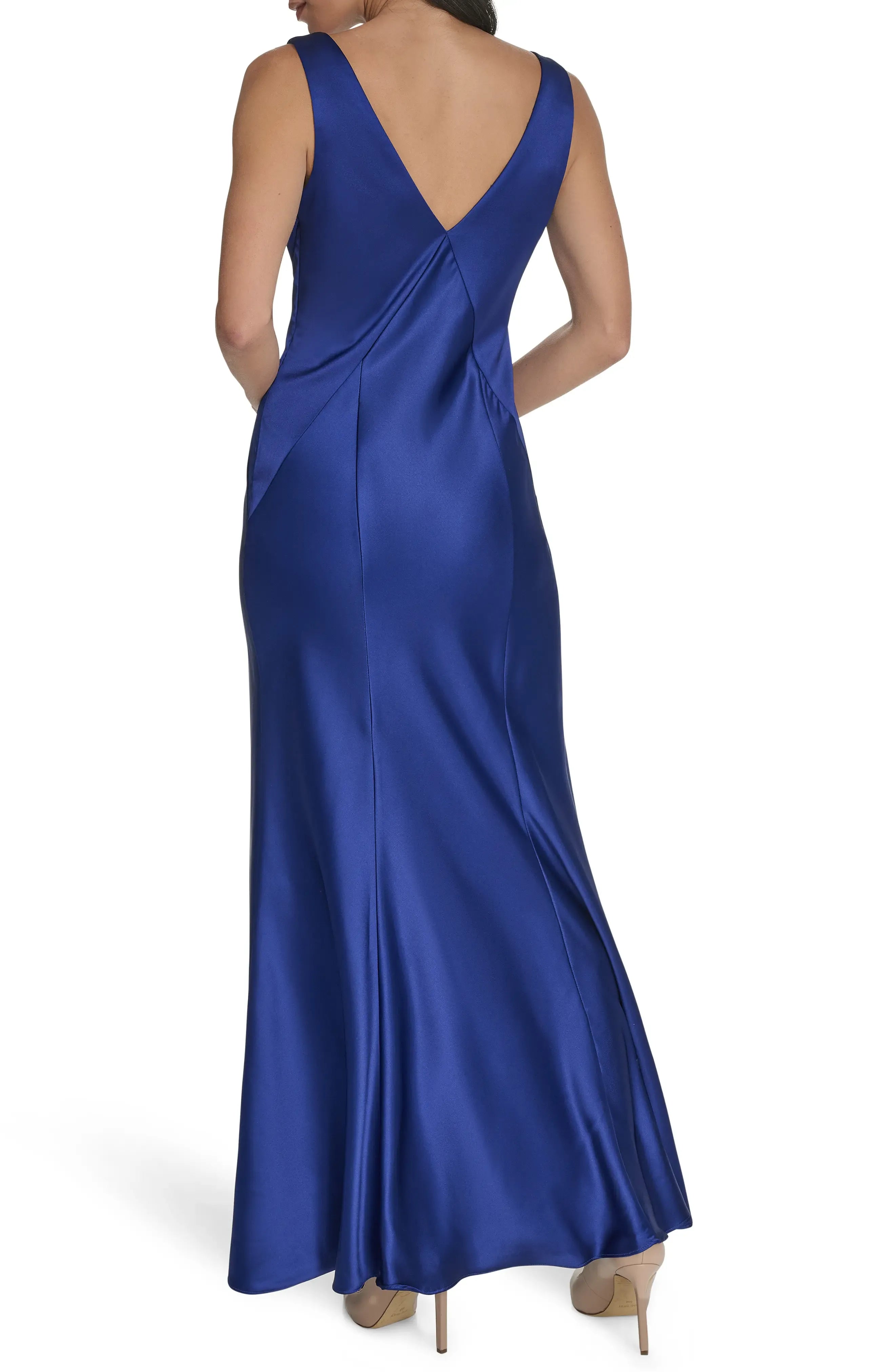 Draped Column Deep V Neck Sleeveless V Back Floor Length For Adults Evening Dress