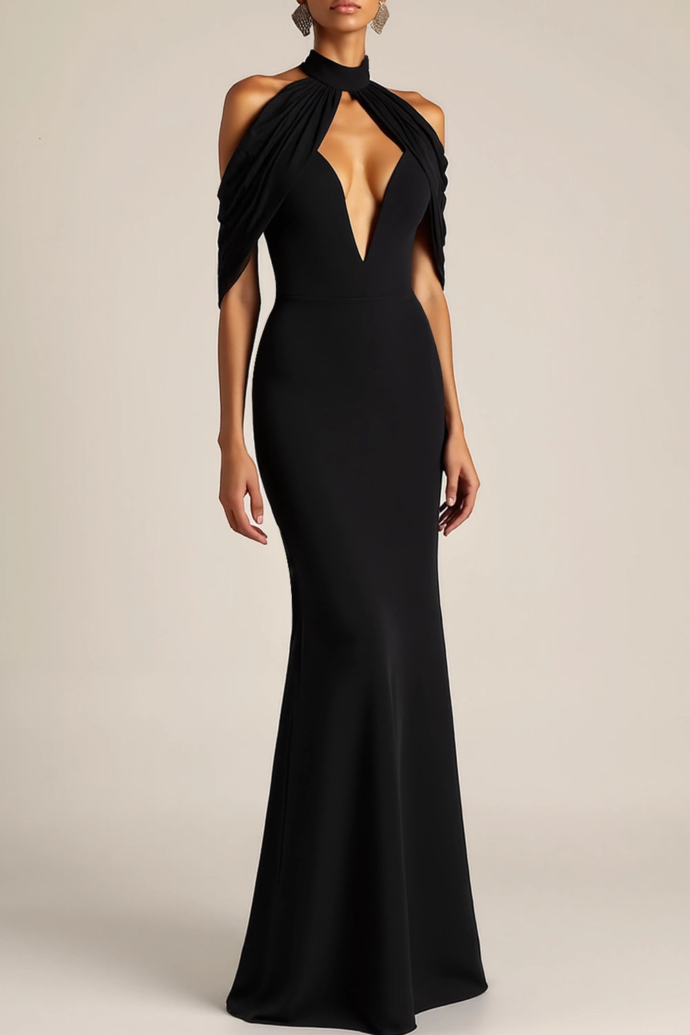 Draped Halter Mermaid Deep V Neck Sleeveless Open Back Floor Length Hot Sale Evening Dress