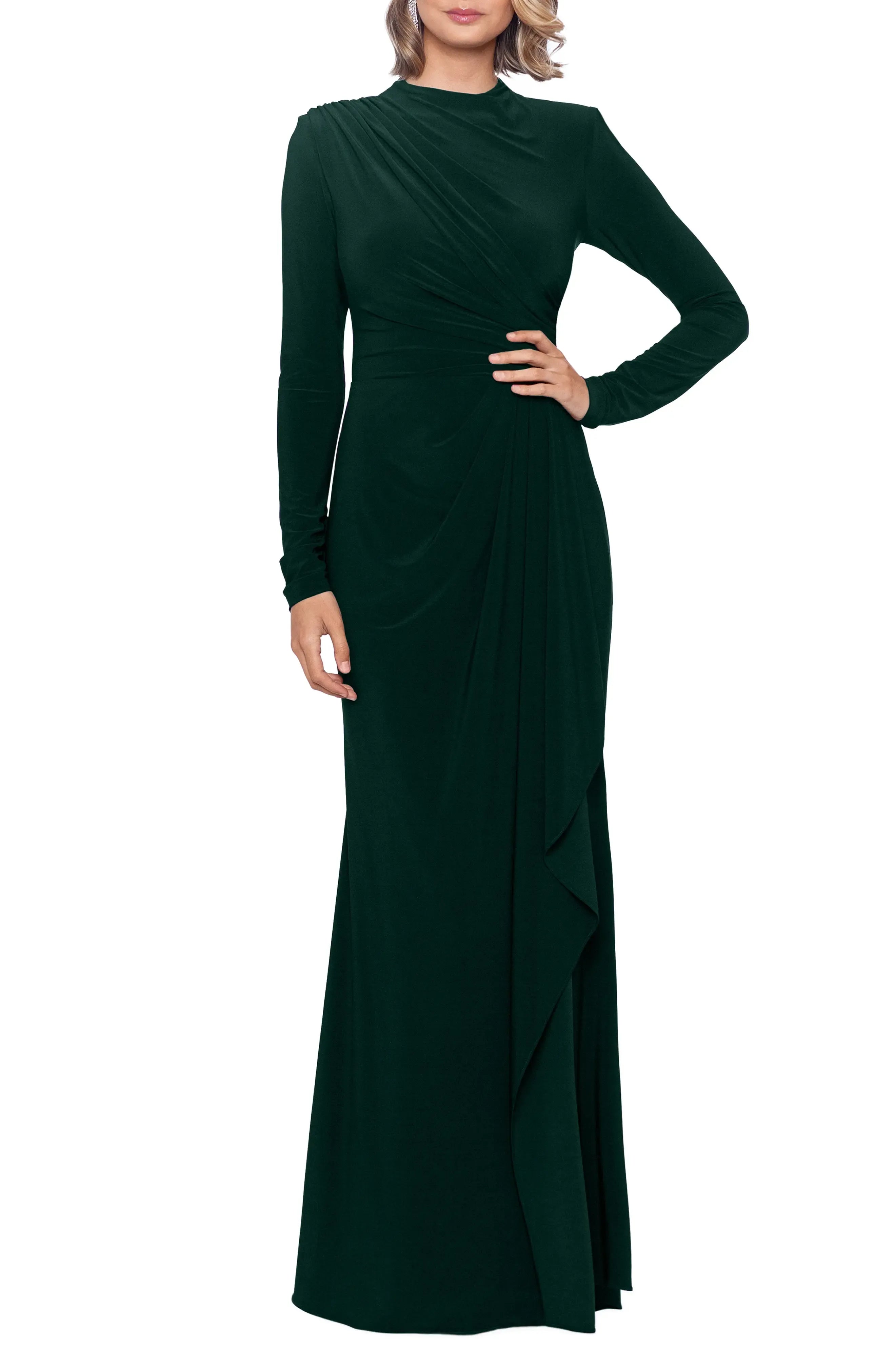 Draped Overlay Trumpet Mock Neck Long Sleeve Zipper Back Floor Length Female Evening Dress