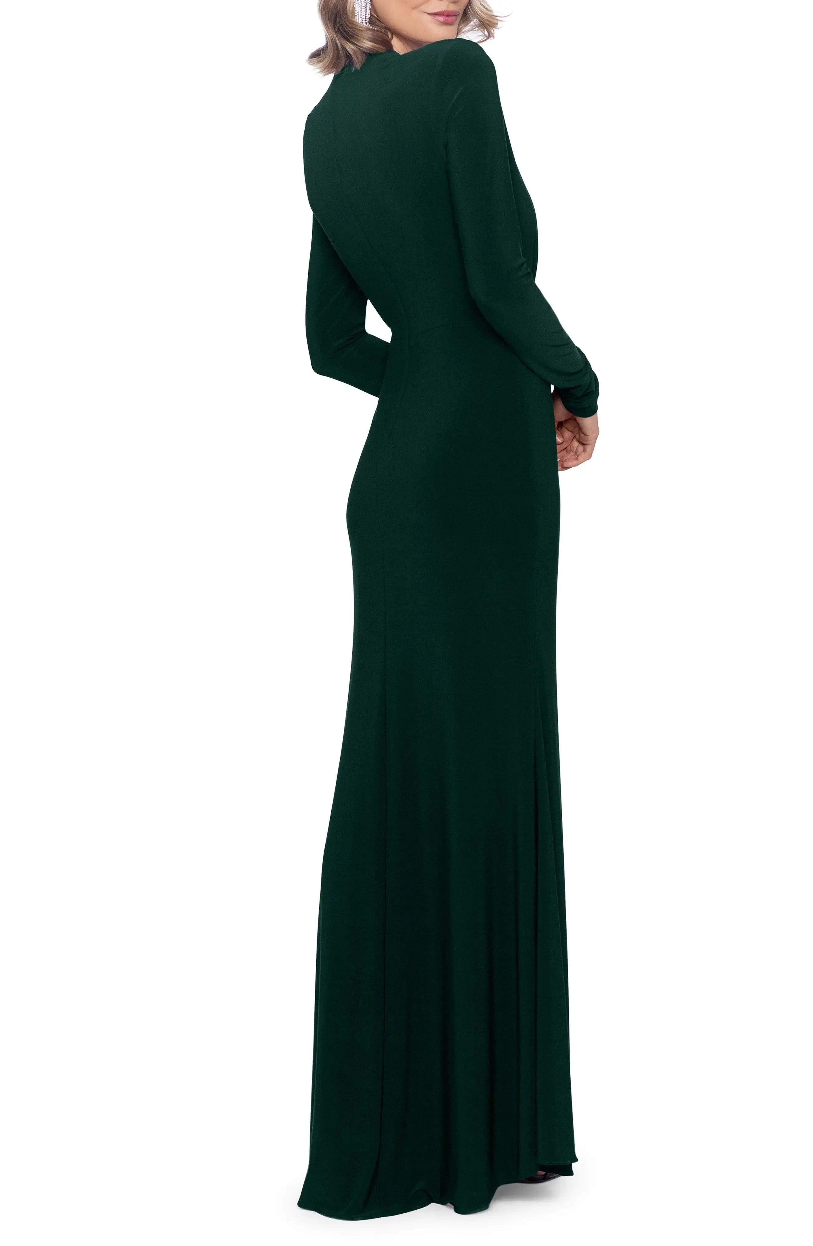Draped Overlay Trumpet Mock Neck Long Sleeve Zipper Back Floor Length Female Evening Dress