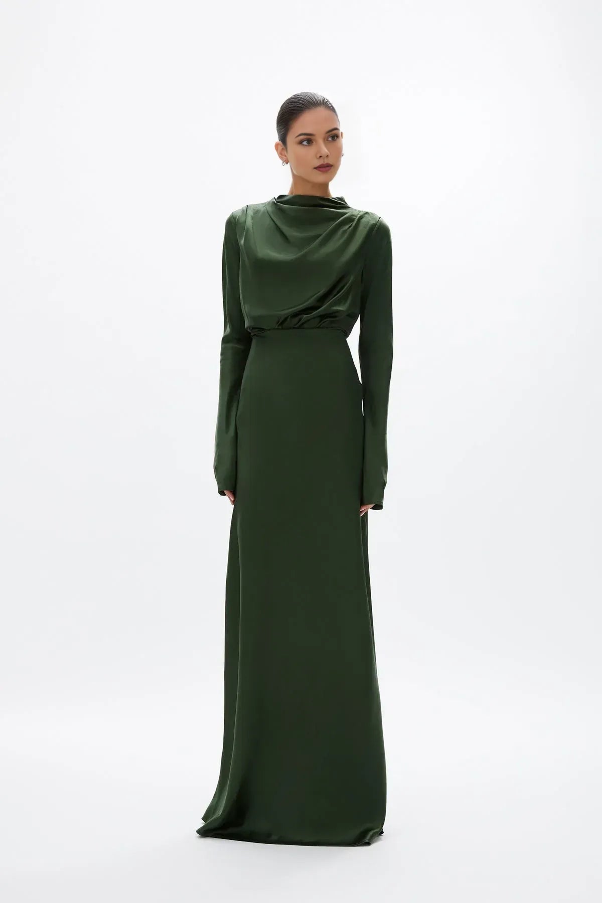 Draped Sheath Cowl Neck Long Sleeve Zipper Back Floor Length For Sale Prom Dress