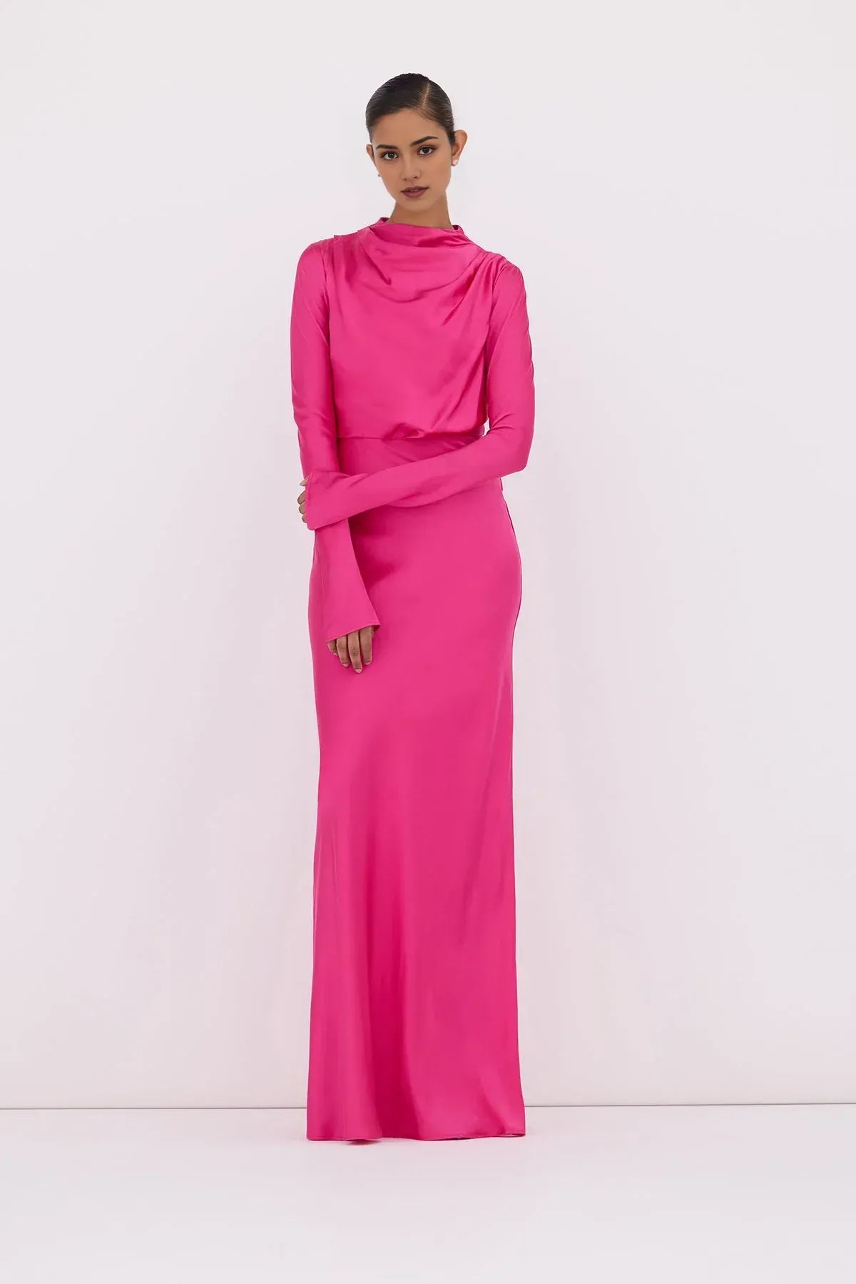 Draped Sheath Cowl Neck Long Sleeve Zipper Back Train Floor Length Hot sale Prom Dress