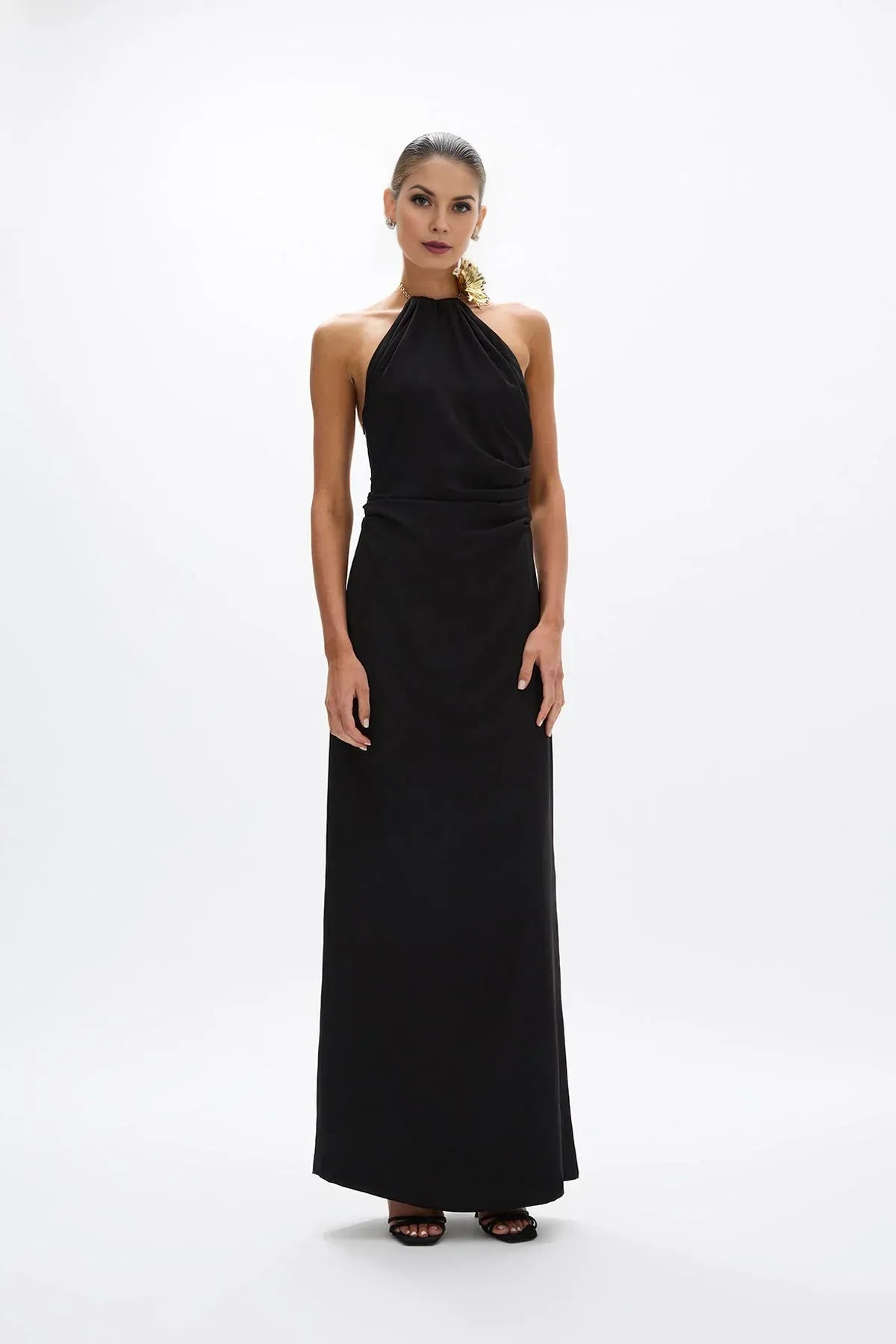 Draped Sheath Halter Neck Sleeveless Chain Back High Slit Floor Length Hot sale Prom Dress