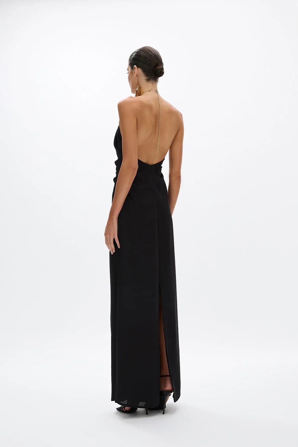 Draped Sheath Halter Neck Sleeveless Chain Back High Slit Floor Length Hot sale Prom Dress