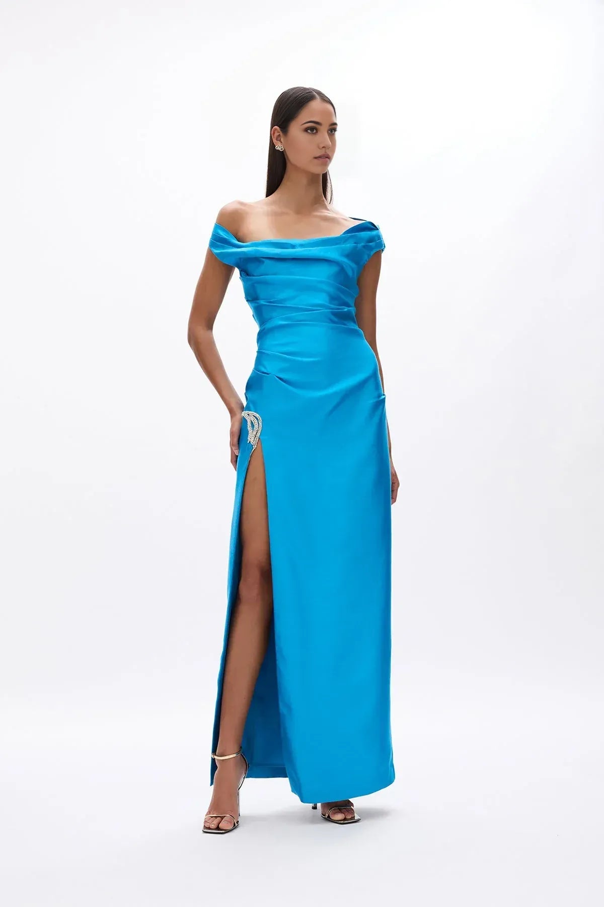 Draped Sheath Off the Shoulder Sleeveless Cutout Back High Slit Floor Length For Sale Evening Dress