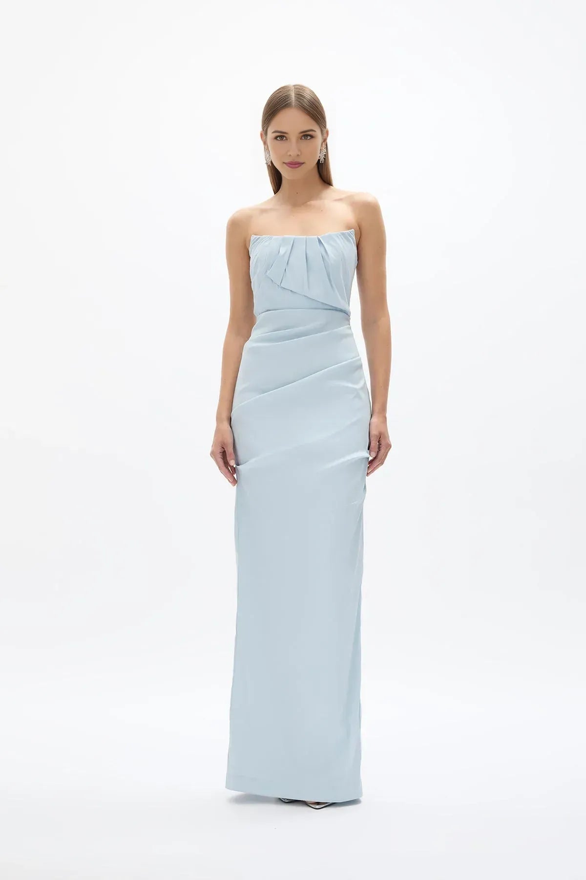 Draped Sheath Strapless Sleeveless Zipper Back High Slit Floor Length For Ladies Prom Dress