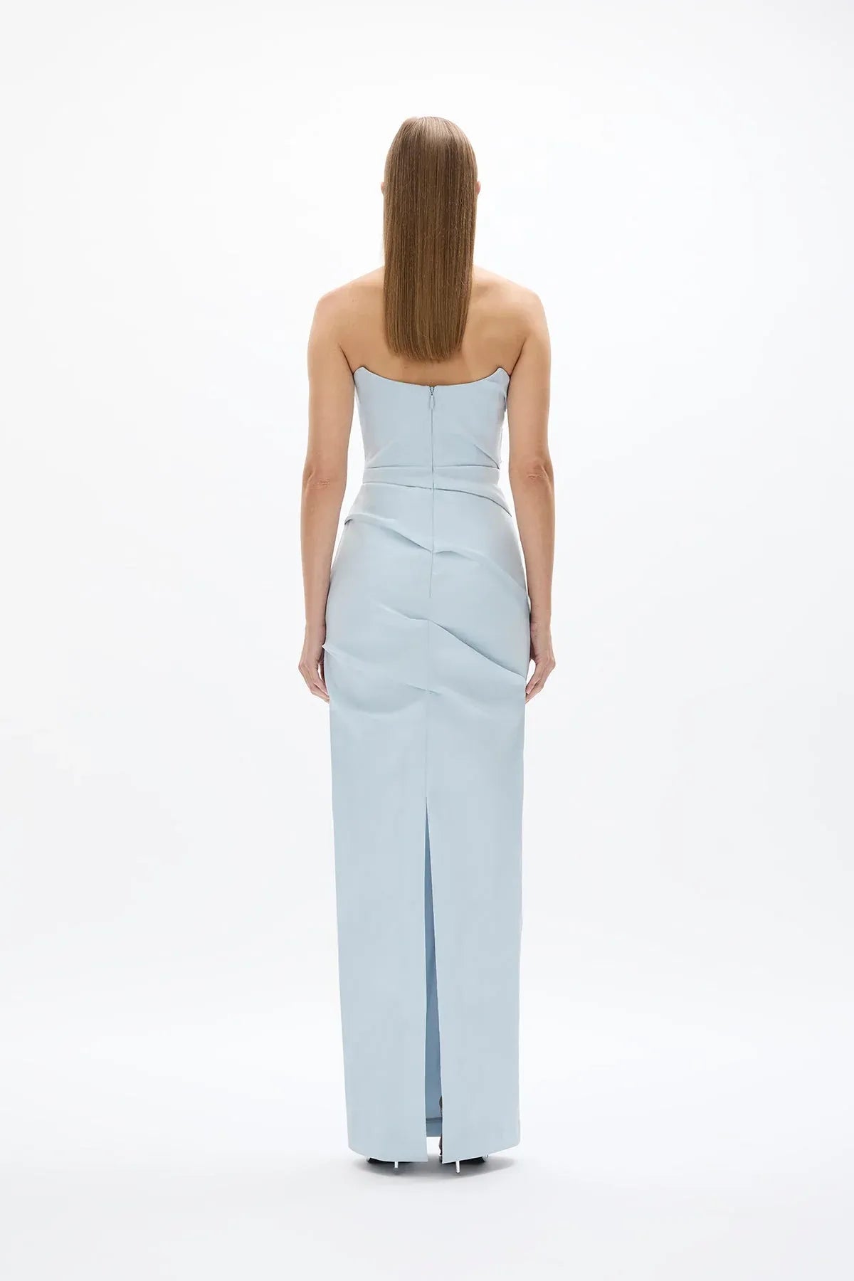 Draped Sheath Strapless Sleeveless Zipper Back High Slit Floor Length For Ladies Prom Dress