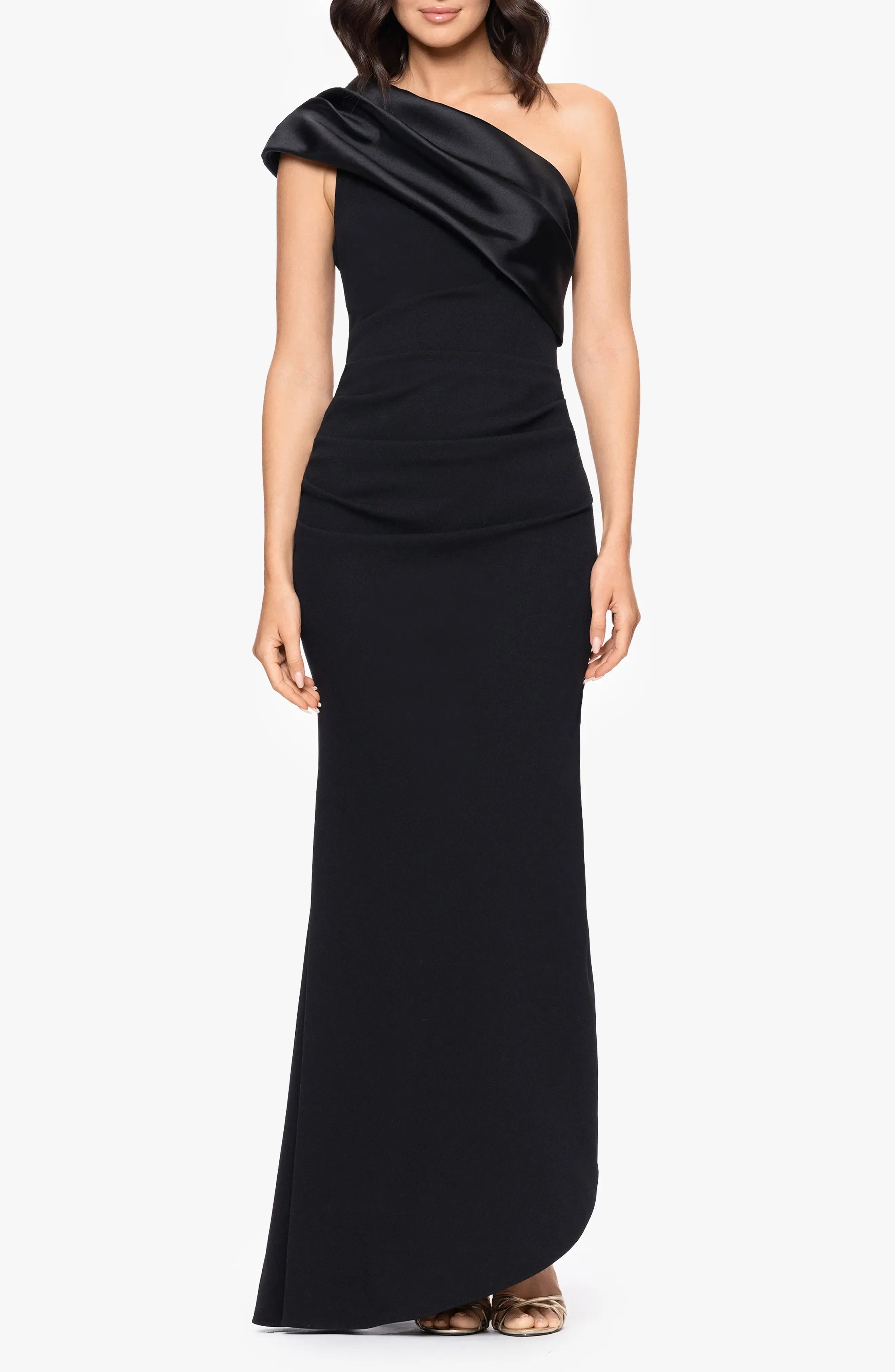 Draped Shoulder Trumpet One Shoulder Sleeveless Open Back High Low Floor Length Evening Dress