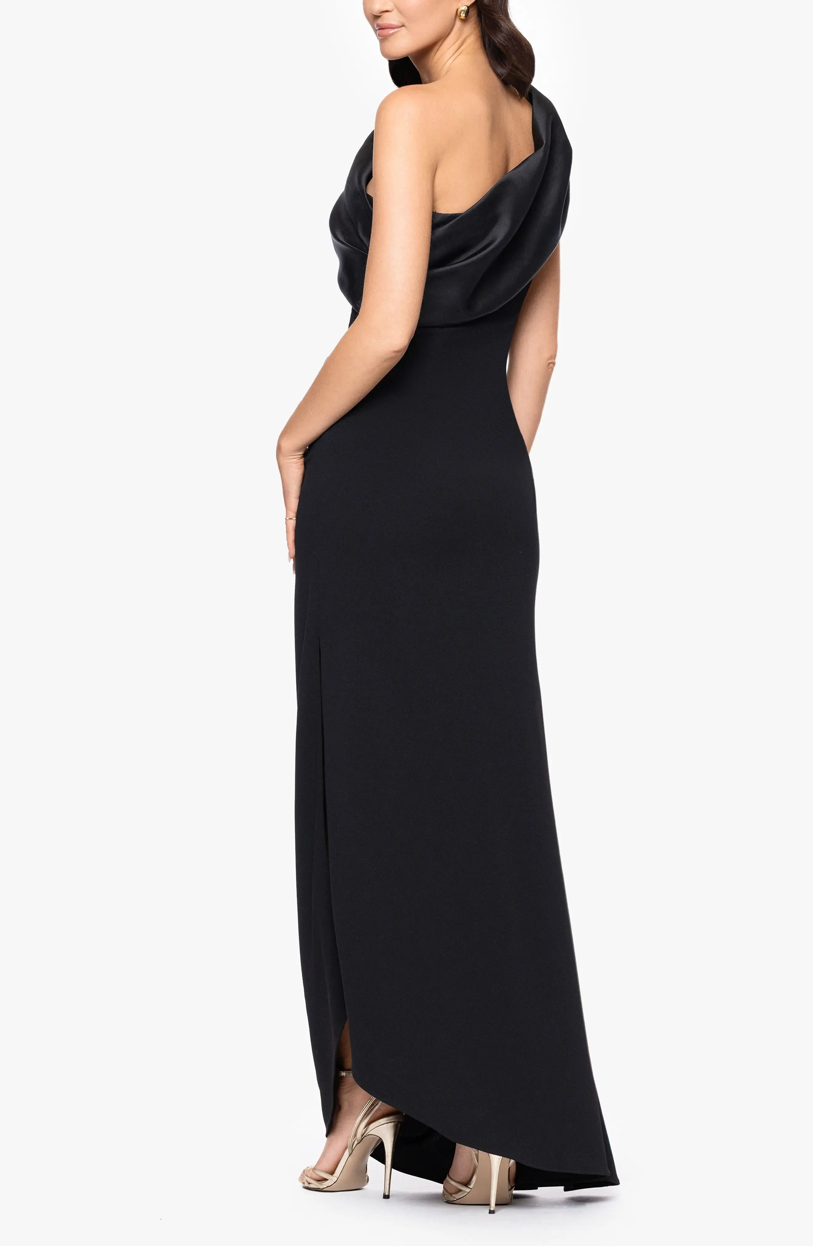 Draped Shoulder Trumpet One Shoulder Sleeveless Open Back High Low Floor Length Evening Dress