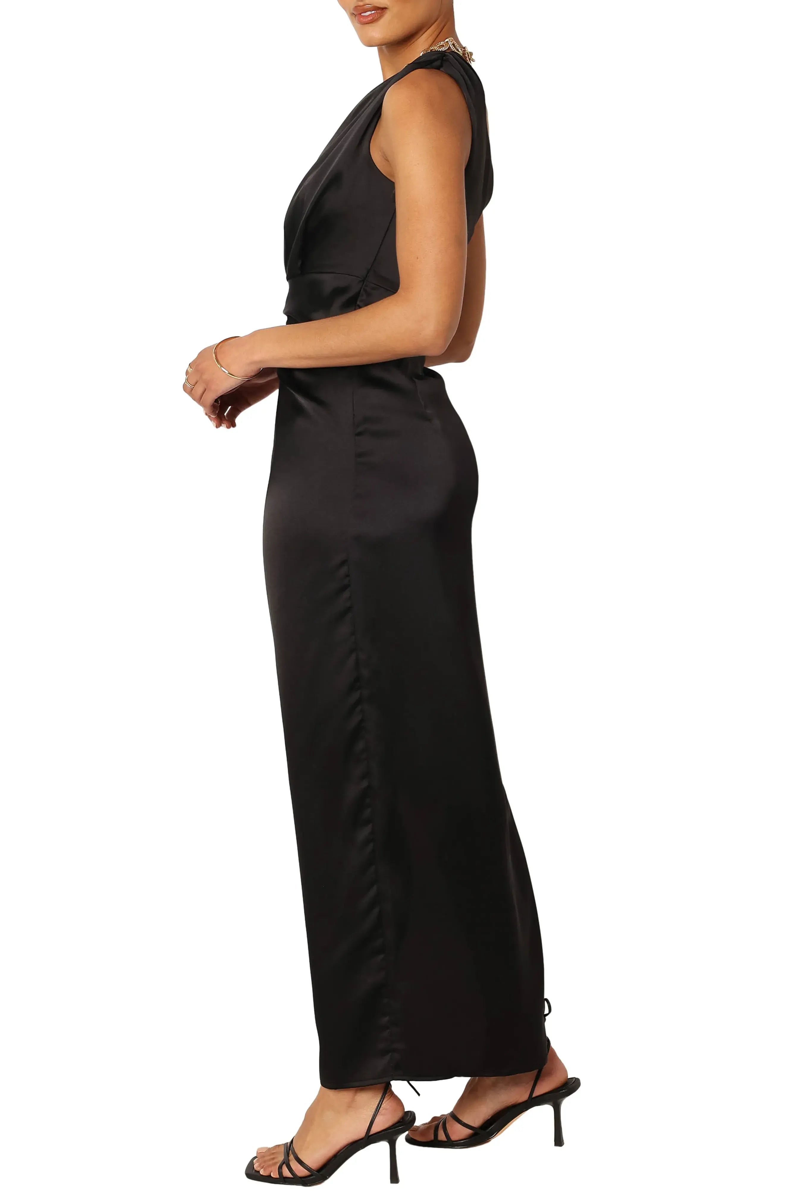 Draped Waist Sheath One Shoulder Sleeveless Open Back Midi Length For Adults Evening Dress
