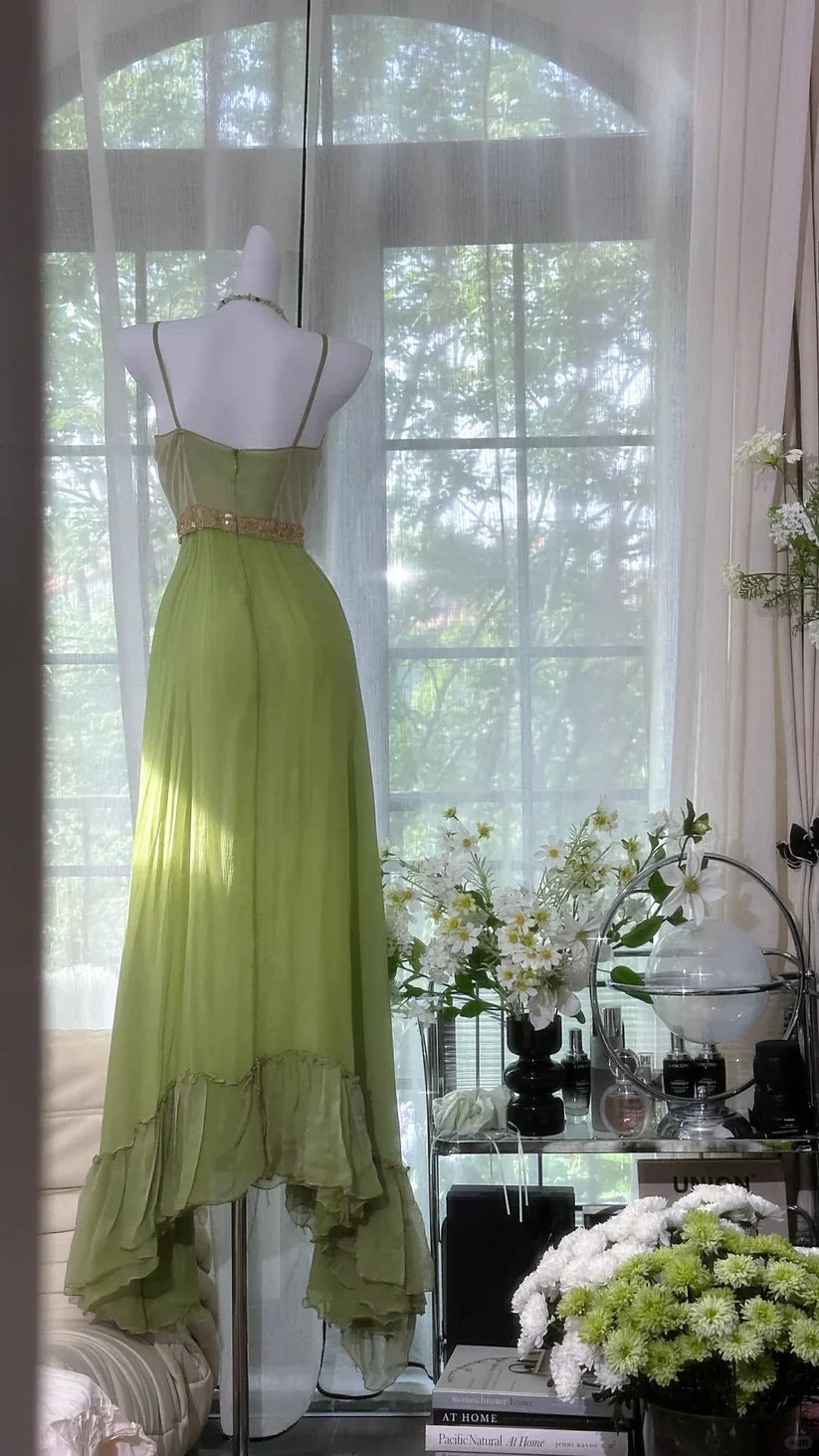 Dreamy Green Sequin Spaghetti Strap Chiffon Date Dress Evening Dress Wedding Guest Dress simple gentle atmospheric and unique desi Bring summer colors to enhance whiteness