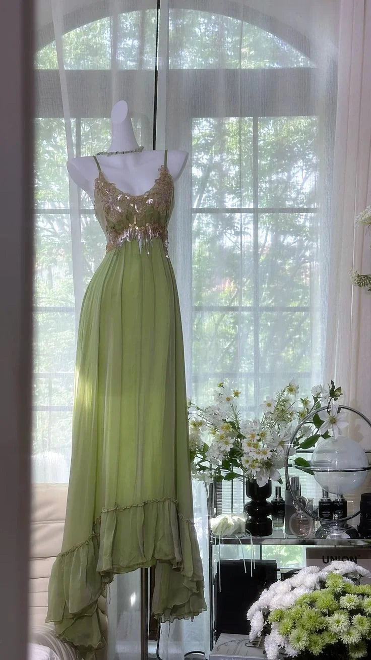 Dreamy Green Sequin Spaghetti Strap Chiffon Date Dress Evening Dress Wedding Guest Dress simple gentle atmospheric and unique desi Bring summer colors to enhance whiteness