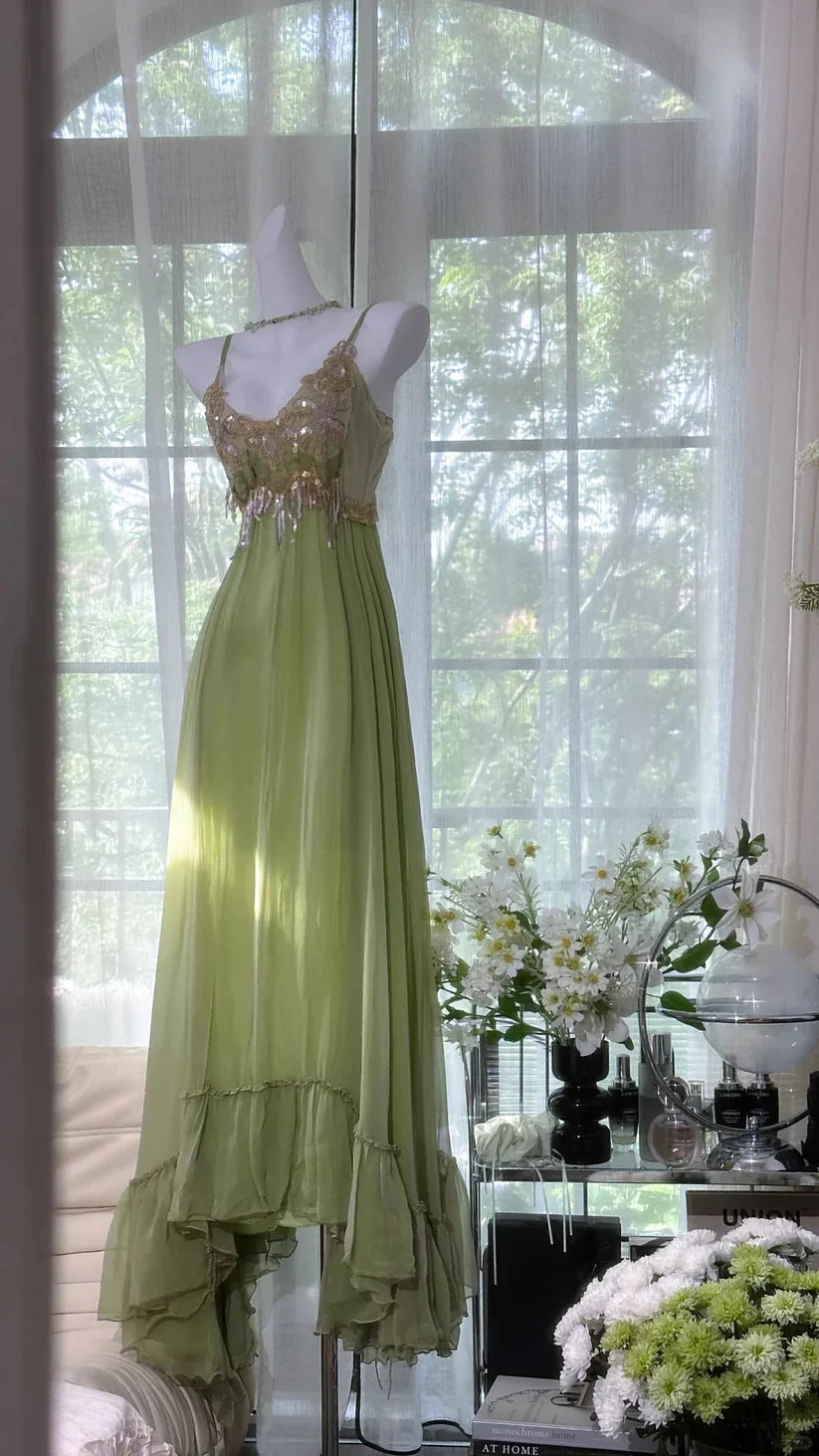 Dreamy Green Sequin Spaghetti Strap Chiffon Date Dress Evening Dress Wedding Guest Dress simple gentle atmospheric and unique desi Bring summer colors to enhance whiteness