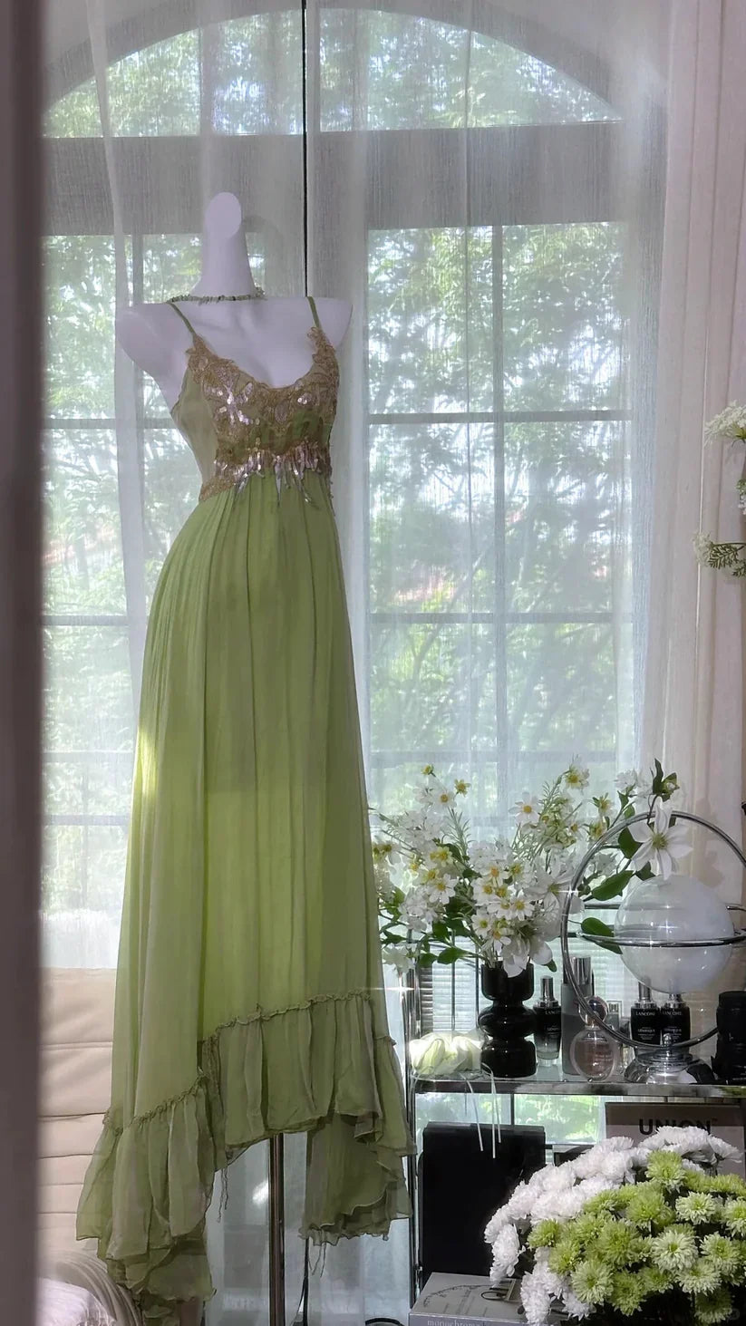 Dreamy Green Sequin Spaghetti Strap Chiffon Date Dress Evening Dress Wedding Guest Dress simple gentle atmospheric and unique desi Bring summer colors to enhance whiteness
