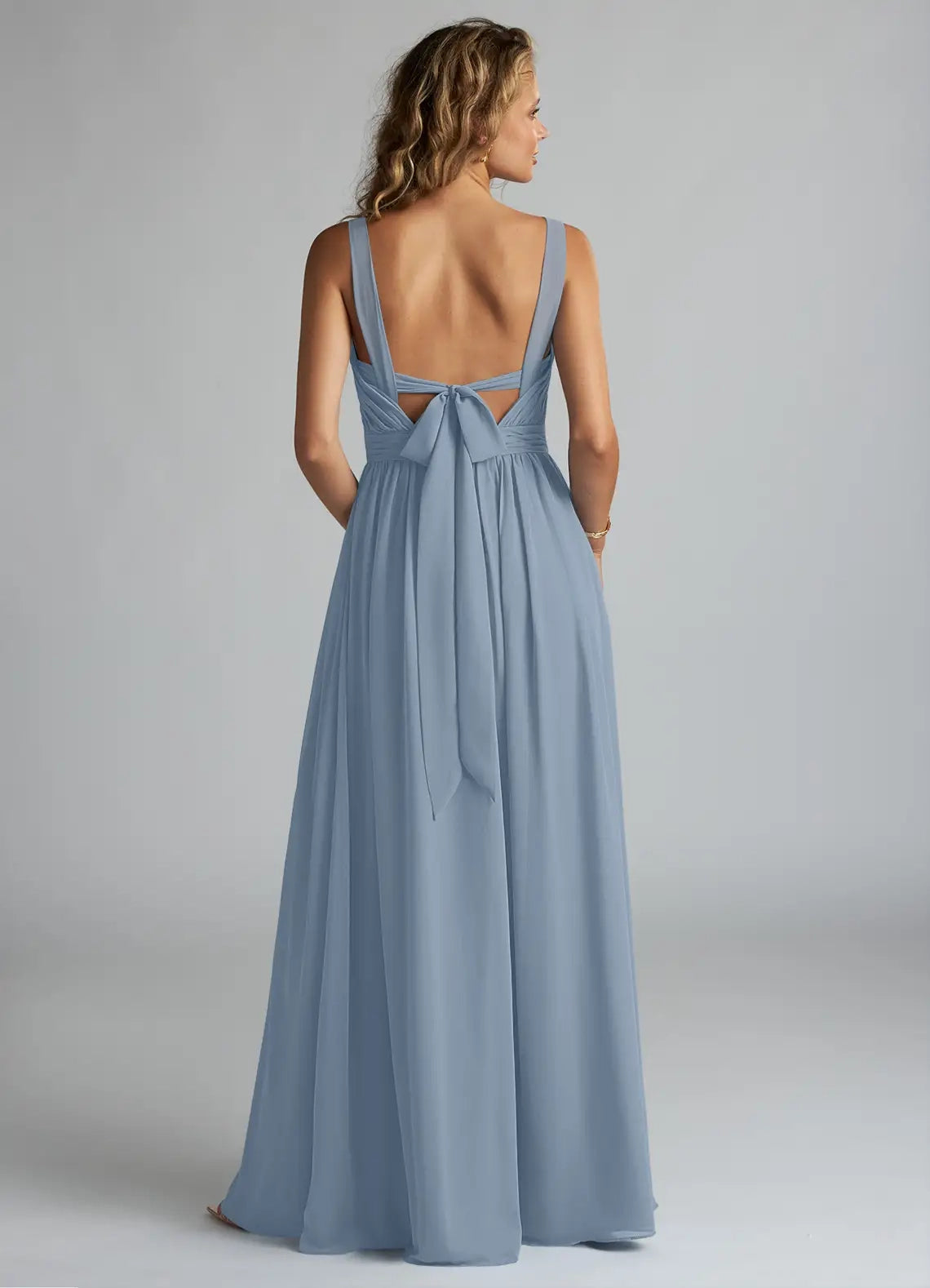 Dusty Blue Chiffon V-Neck Maxi Dress with Bow Back and Side Slit Blue A-Line V-Neck Pleated Chiffon Dress Bridesmaid Dresses
