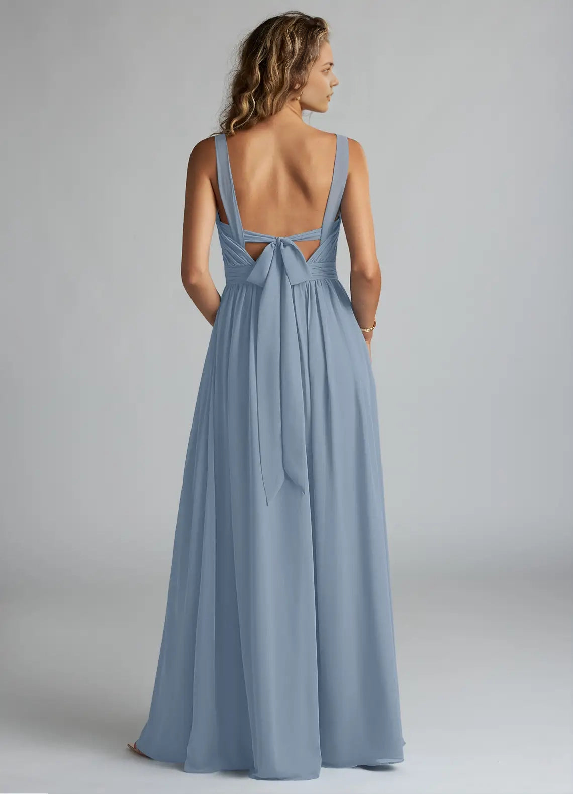 Dusty Blue Chiffon V-Neck Maxi Dress with Bow Back and Side Slit Blue A-Line V-Neck Pleated Chiffon Dress Bridesmaid Dresses