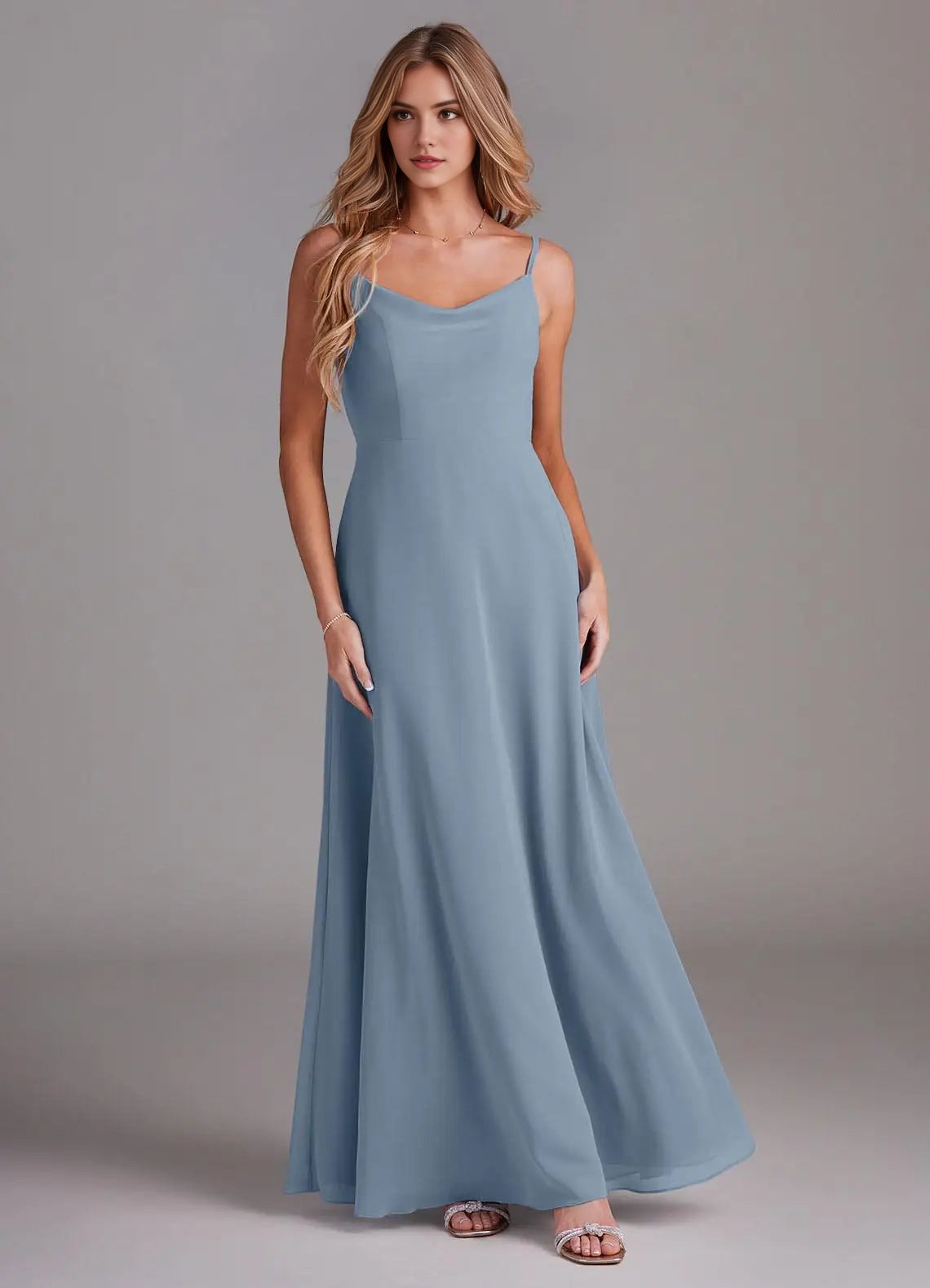Dusty Blue Cowl Neck Maxi Dress with Spaghetti Straps Blue A-Line Cowl Chiffon Dress Bridesmaid Dresses