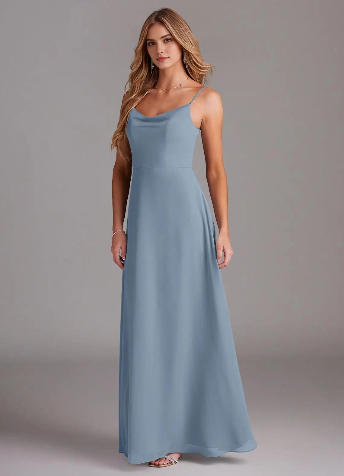 Dusty Blue Cowl Neck Maxi Dress with Spaghetti Straps Blue A-Line Cowl Chiffon Dress Bridesmaid Dresses