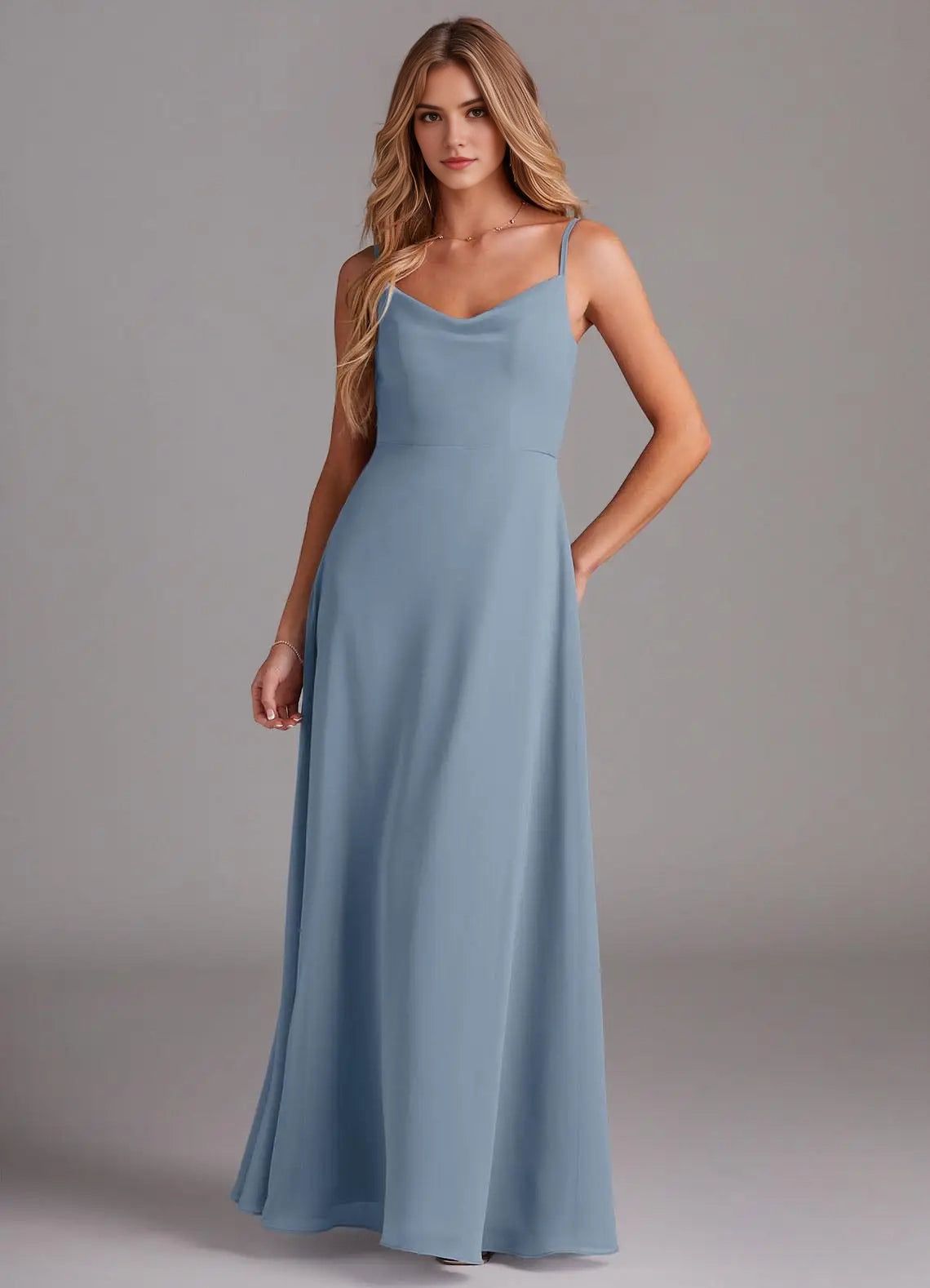Dusty Blue Cowl Neck Maxi Dress with Spaghetti Straps Blue A-Line Cowl Chiffon Dress Bridesmaid Dresses